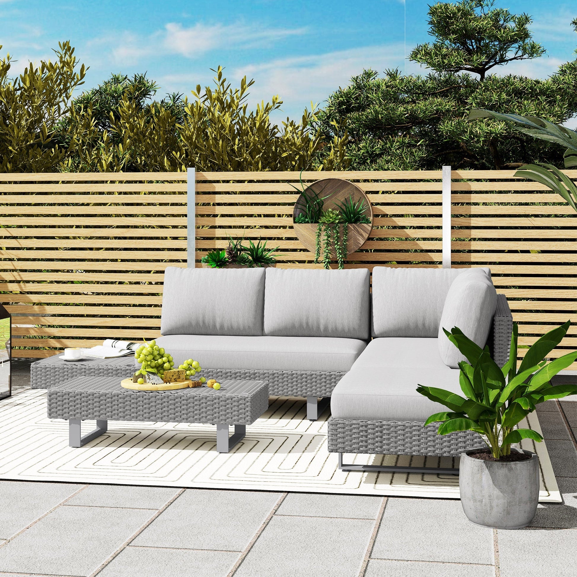 5-Seater Rattan Wicker Sofa Set Furniture Patio Tea Table Set with Cushions, Light Grey