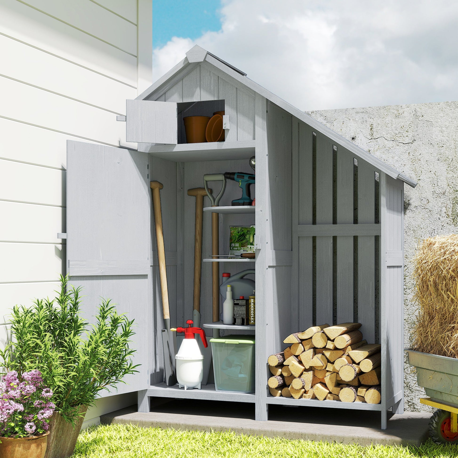 Garden Outdoor Storage Shed 3 Shelves Tilt Roof w/ Firewood Rack Log Carrier, 129L x 51.5W x 180H cm