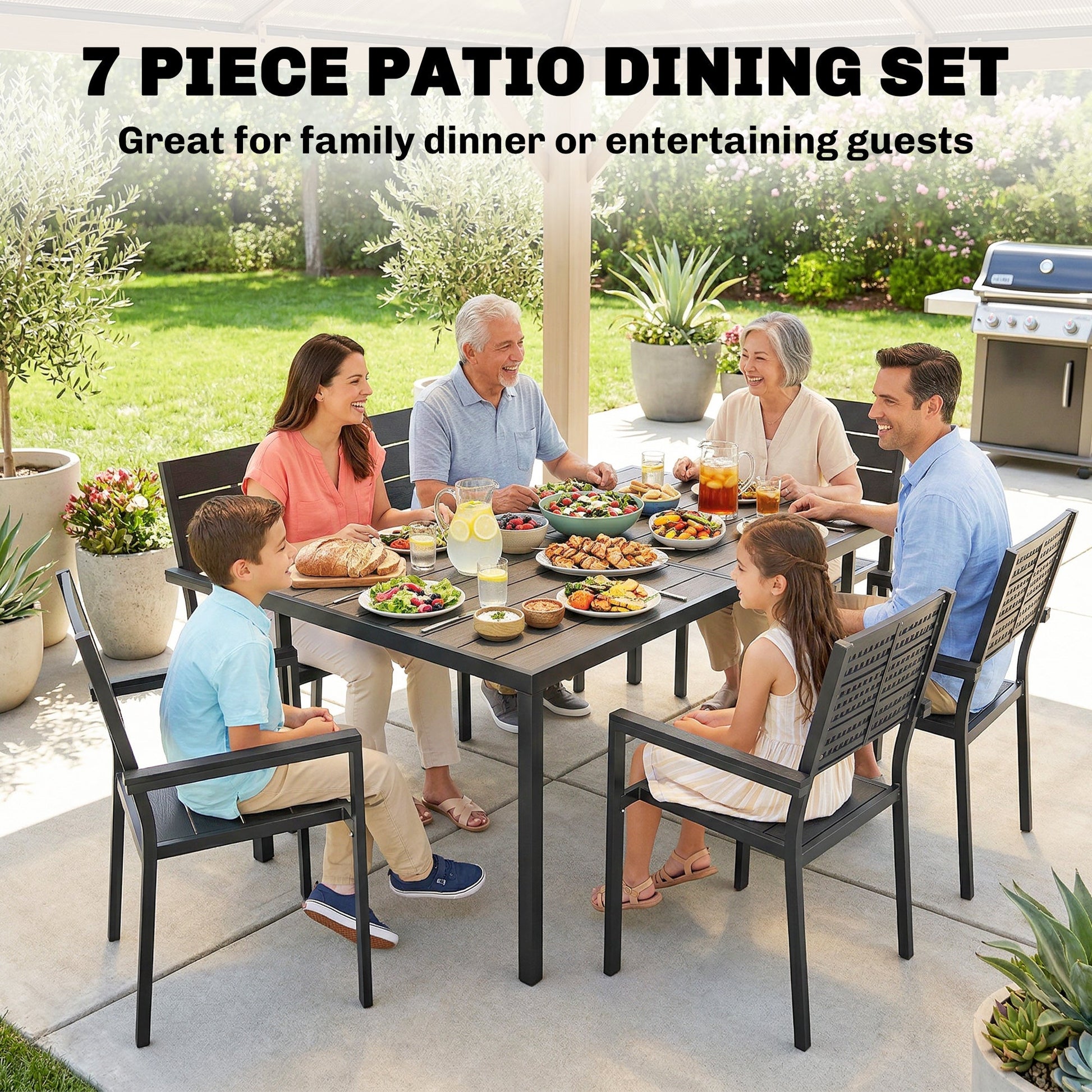 7 Pieces Outdoor Dining Set, Patio Table and Chairs for 6, Garden Dining Furniture Set with Slatted Tabletop