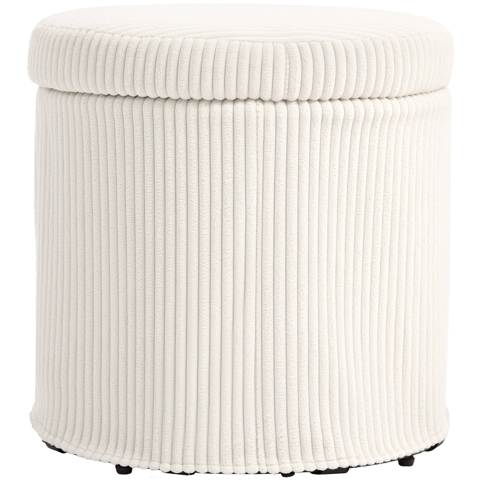 40cm Round Storage Ottoman, Corduroy Footstool with Removable Lid and Legs, Vanity Stool for Living Room, Bedroom, Beige