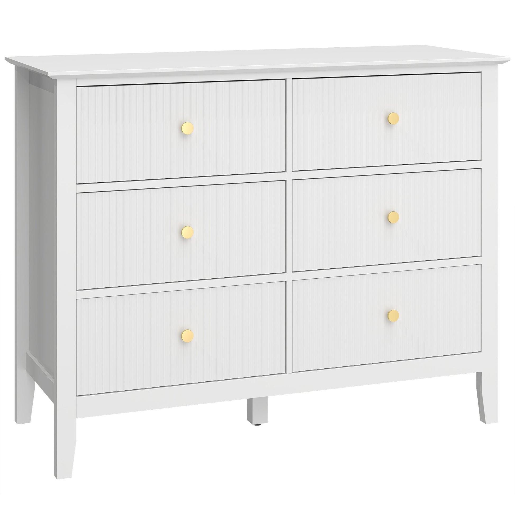 Fluted Dresser, 6 Drawer Chest of Drawers for Bedroom, Living Room, Hallway, Closet, White