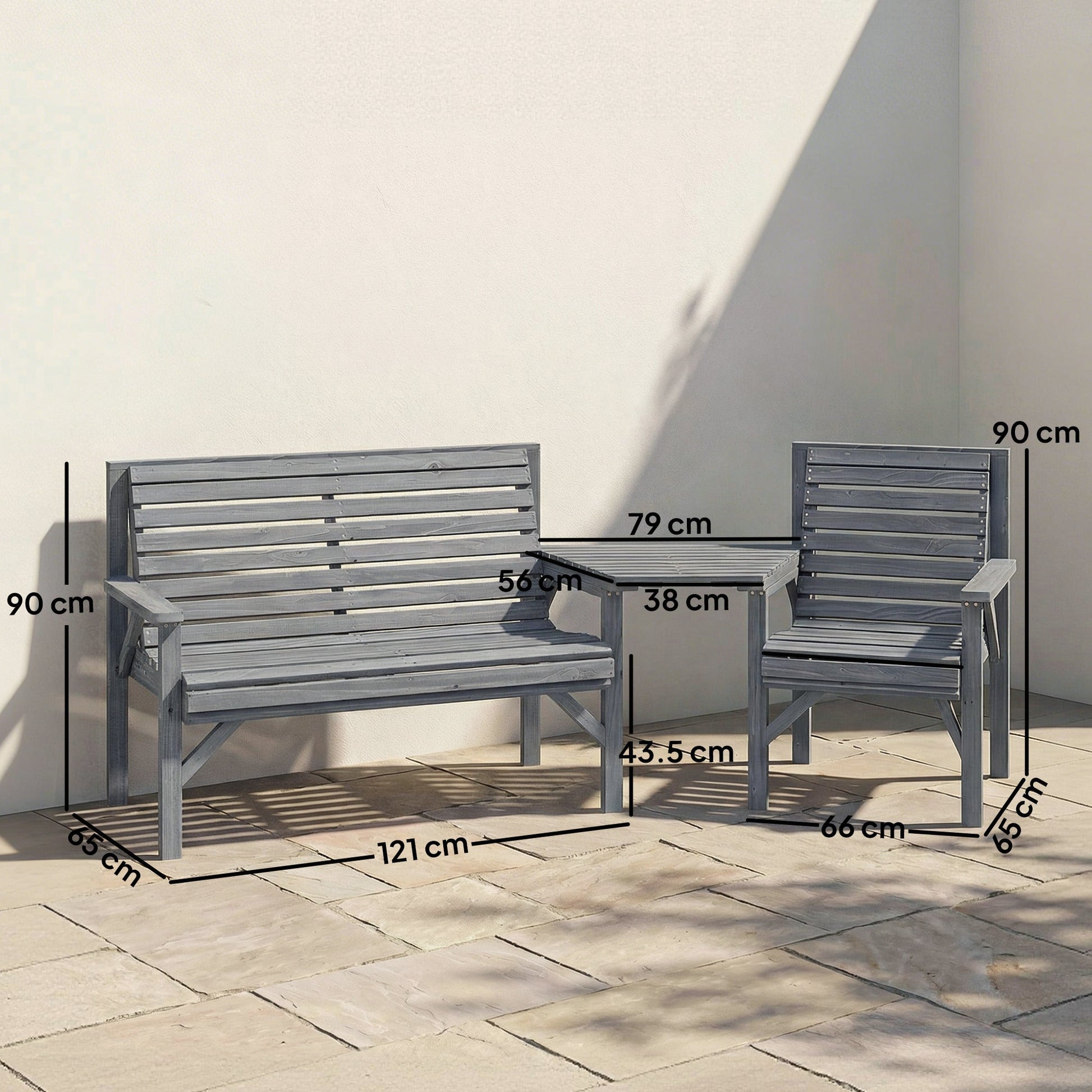 Wooden Garden Furniture Set with Parasol Hole, 1 Chair, 1 Bench and Detachable Table, Grey Embossed Finish