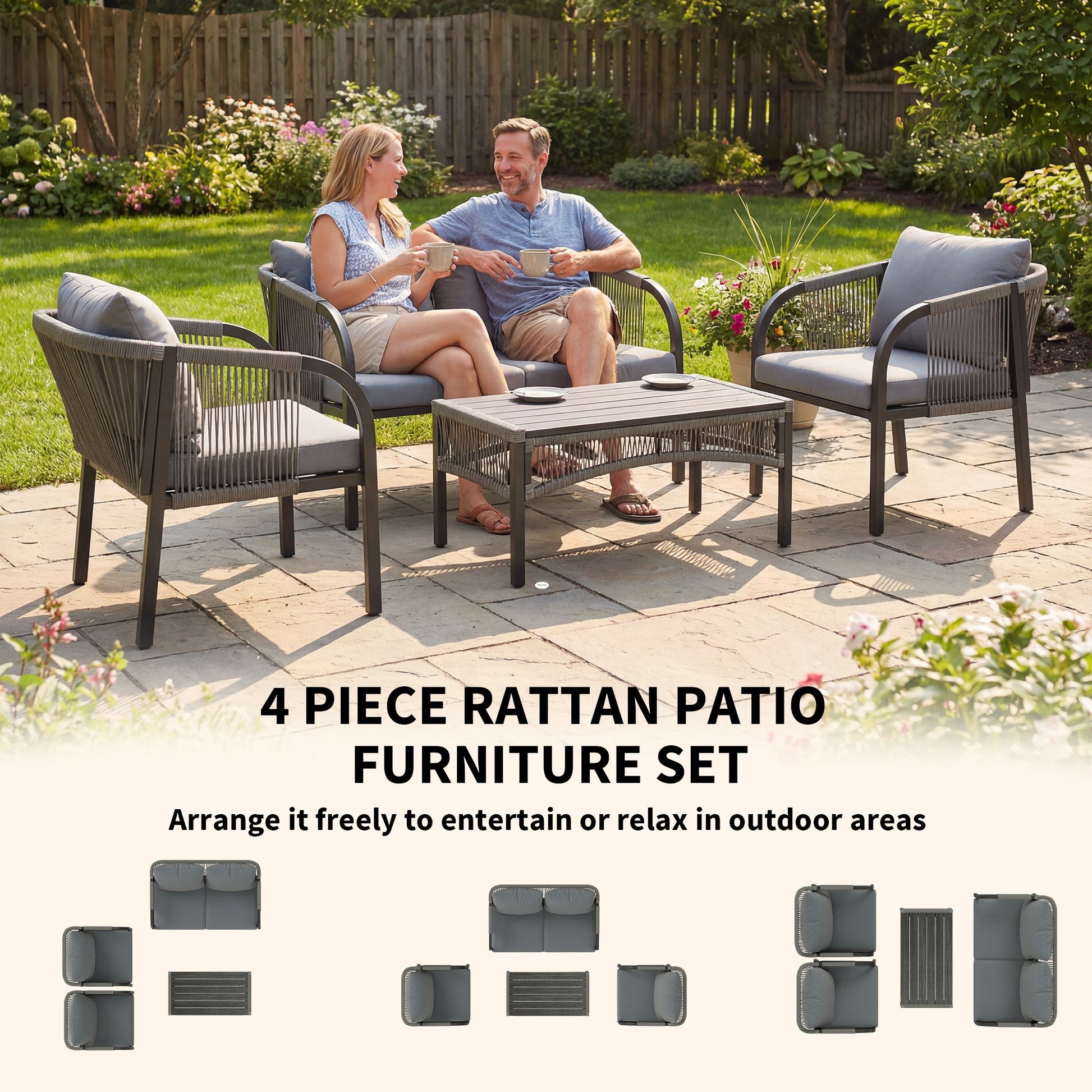 4 Piece Rattan Garden Furniture Set with Loveseat, Armchairs, Table, Steel Frame Wicker Patio Conversation Set, Grey
