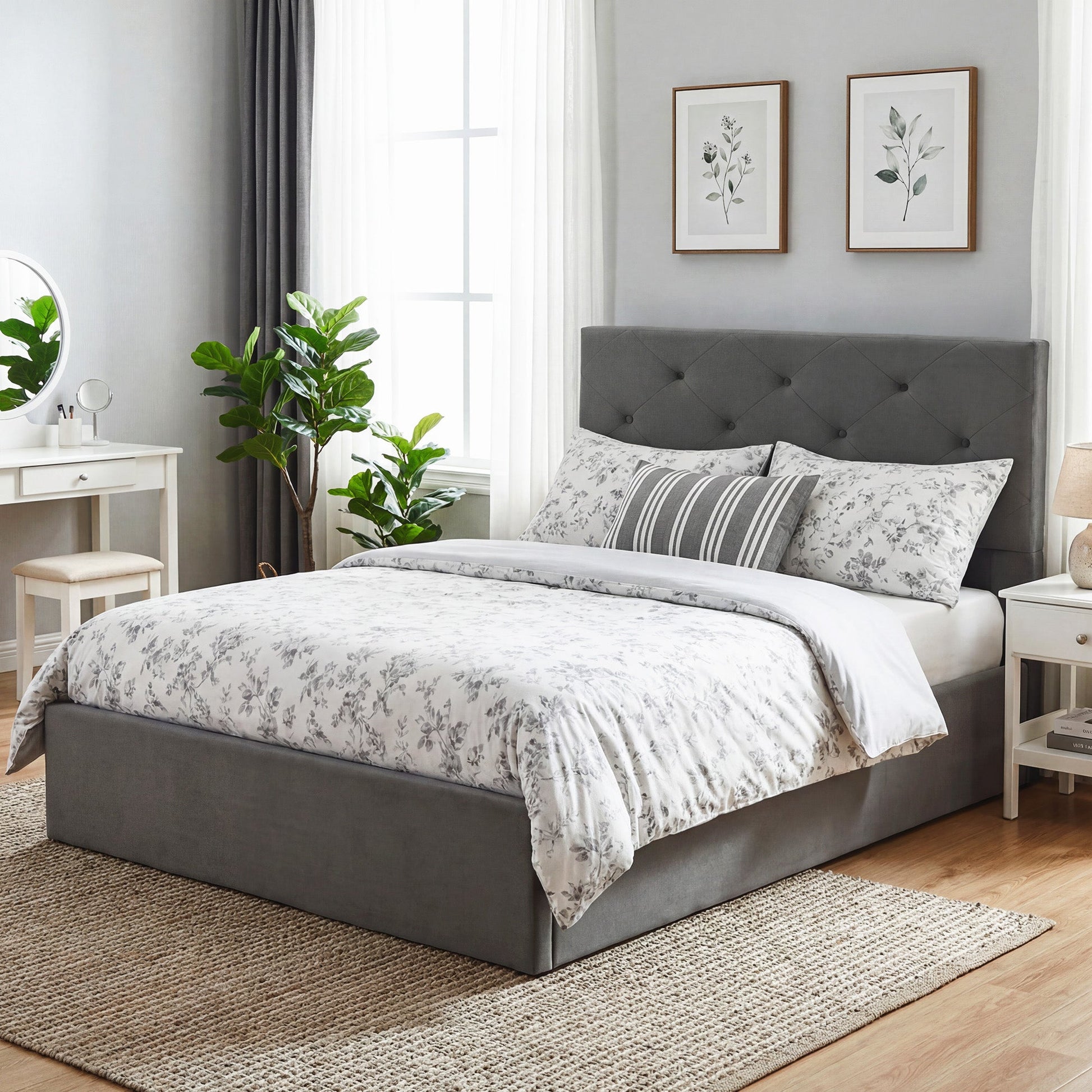 Double Bed Frame Gas Side Lift Under Bed Storage Upholstered Platform Bed Tufted Headboard for 140 x 190 cm Mattress