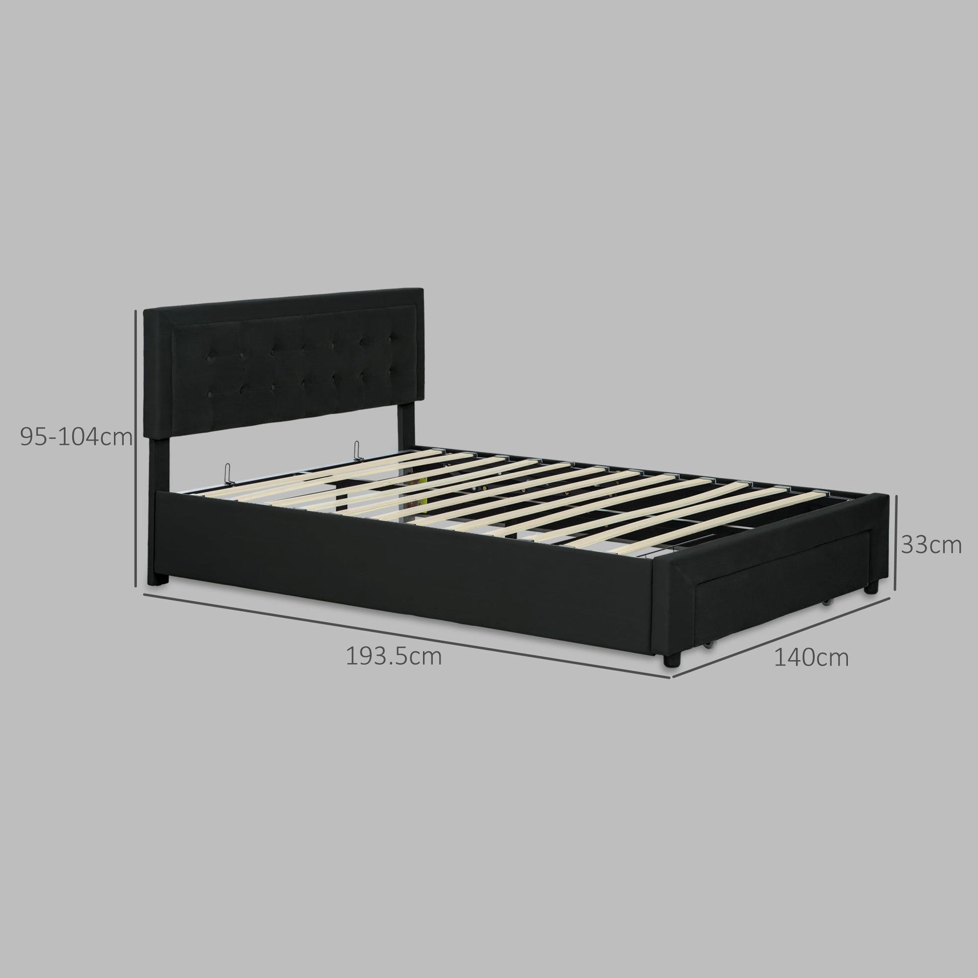 Double Ottoman Bed Frame, with Front Drawer - Black