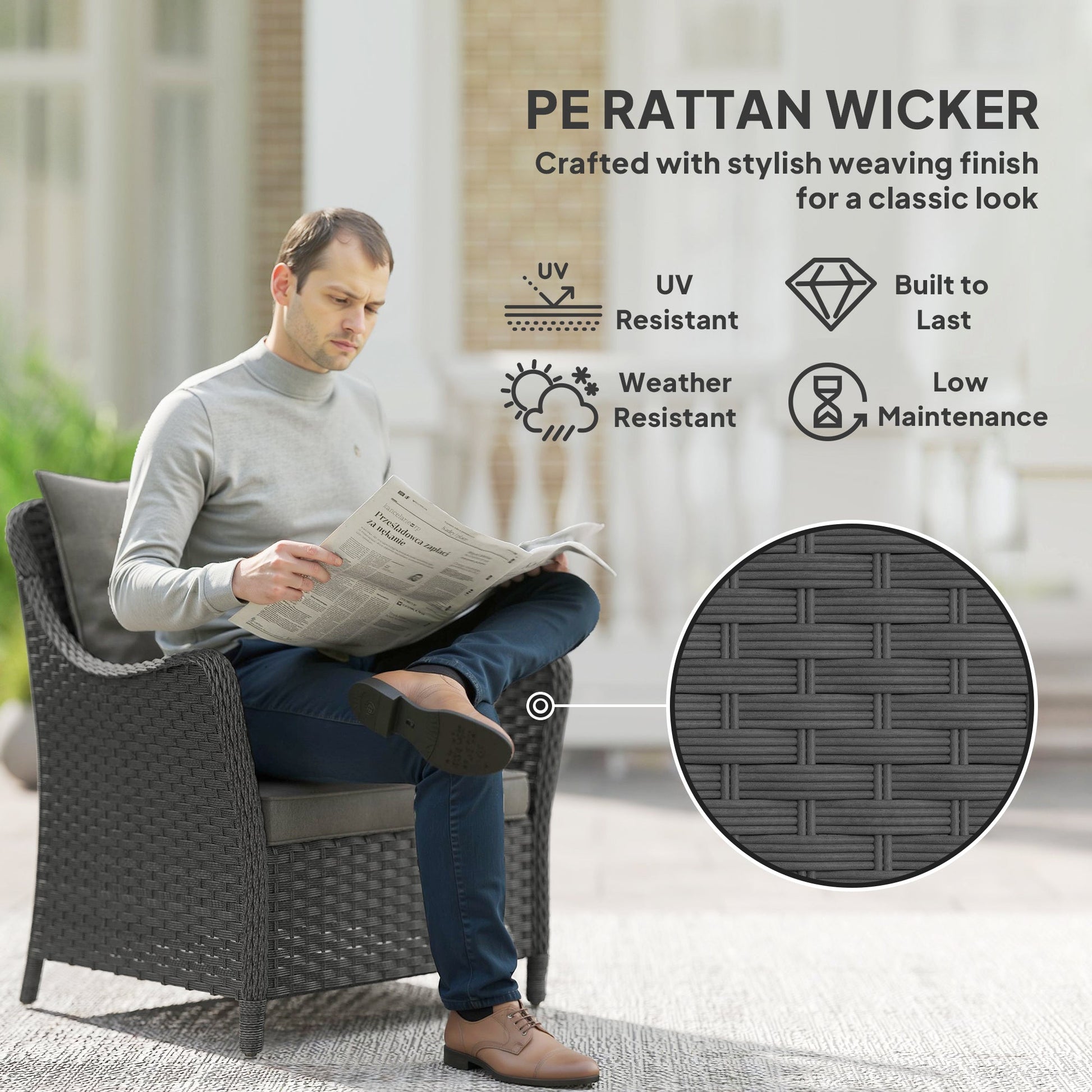 Rattan Garden Chairs Set of 2, Outdoor Rattan Chairs with Cushions, Armrests and High Back, PE Wicker Garden Armchair with Steel Frame for Balcony, Porch, Dark Grey