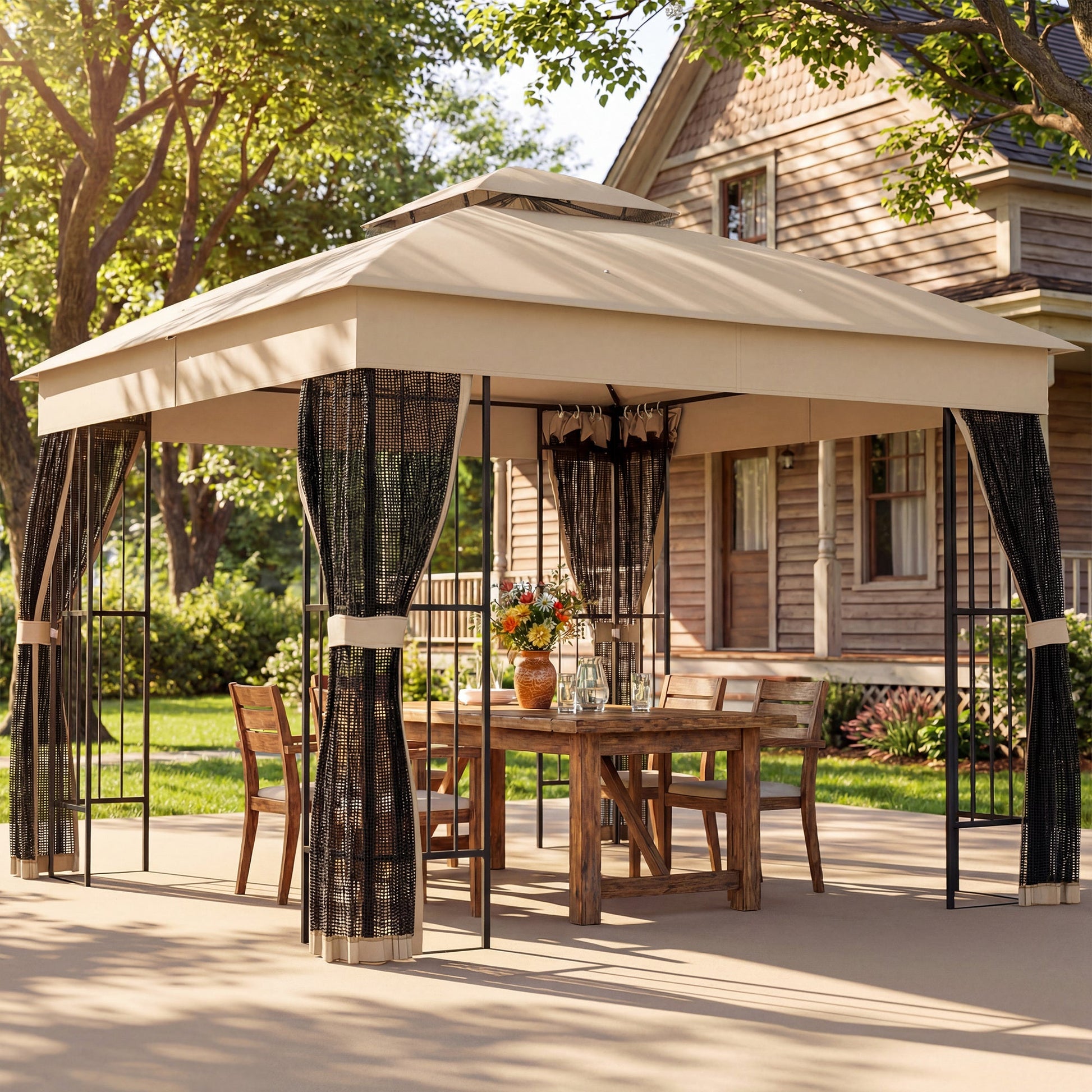 3 x 3 m Outdoor Garden Gazebo with Post Shelves, UPF50+ Double Roof Patio Permanent Pavilion, Brown