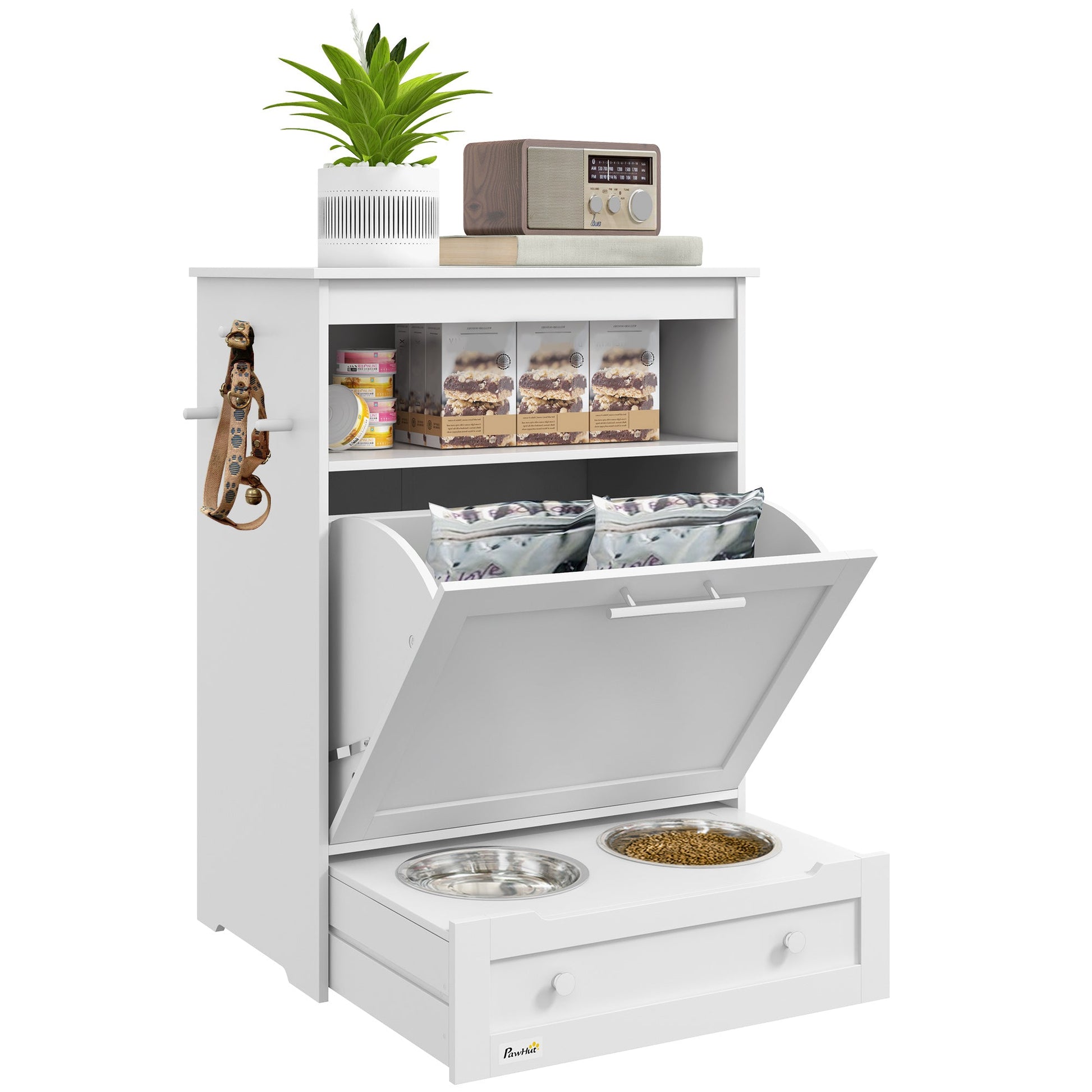 Pet Feeder Station, Dog, Cat Storage Container, with Raised Bowls, Hanger, Cabinet - White