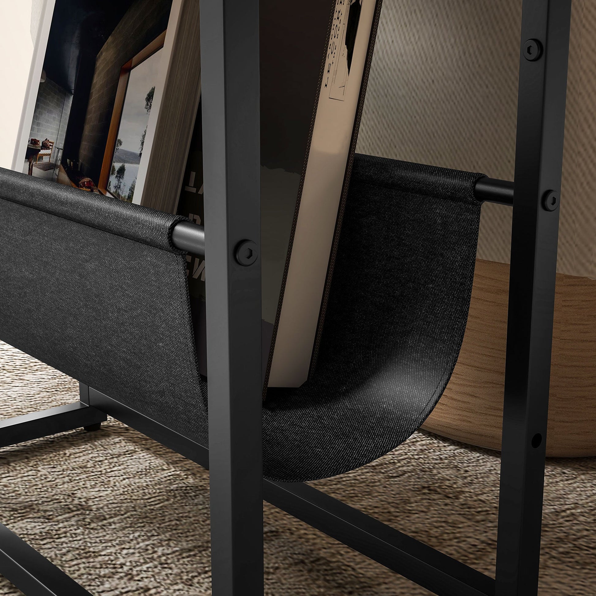 Narrow Side Table, End Table with 3-Tier Storage, V-Shaped Magazine Holder for Living Room, Bedroom, 43 x 18 x 56 cm, Ru