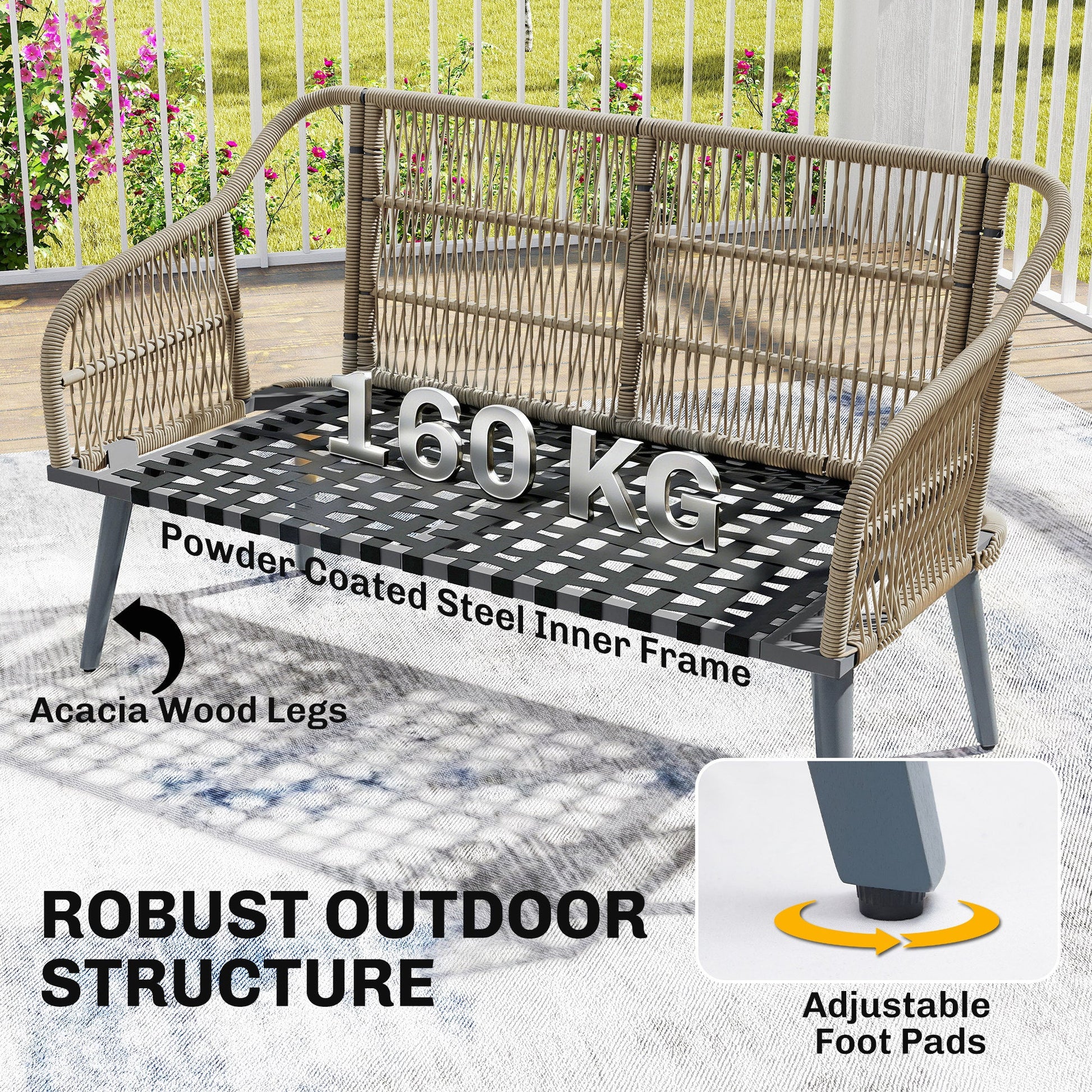 4 Piece Rattan Garden Furniture Set with Loveseat, Armchairs, Wood Table, Wicker Patio Conversation Set, Grey