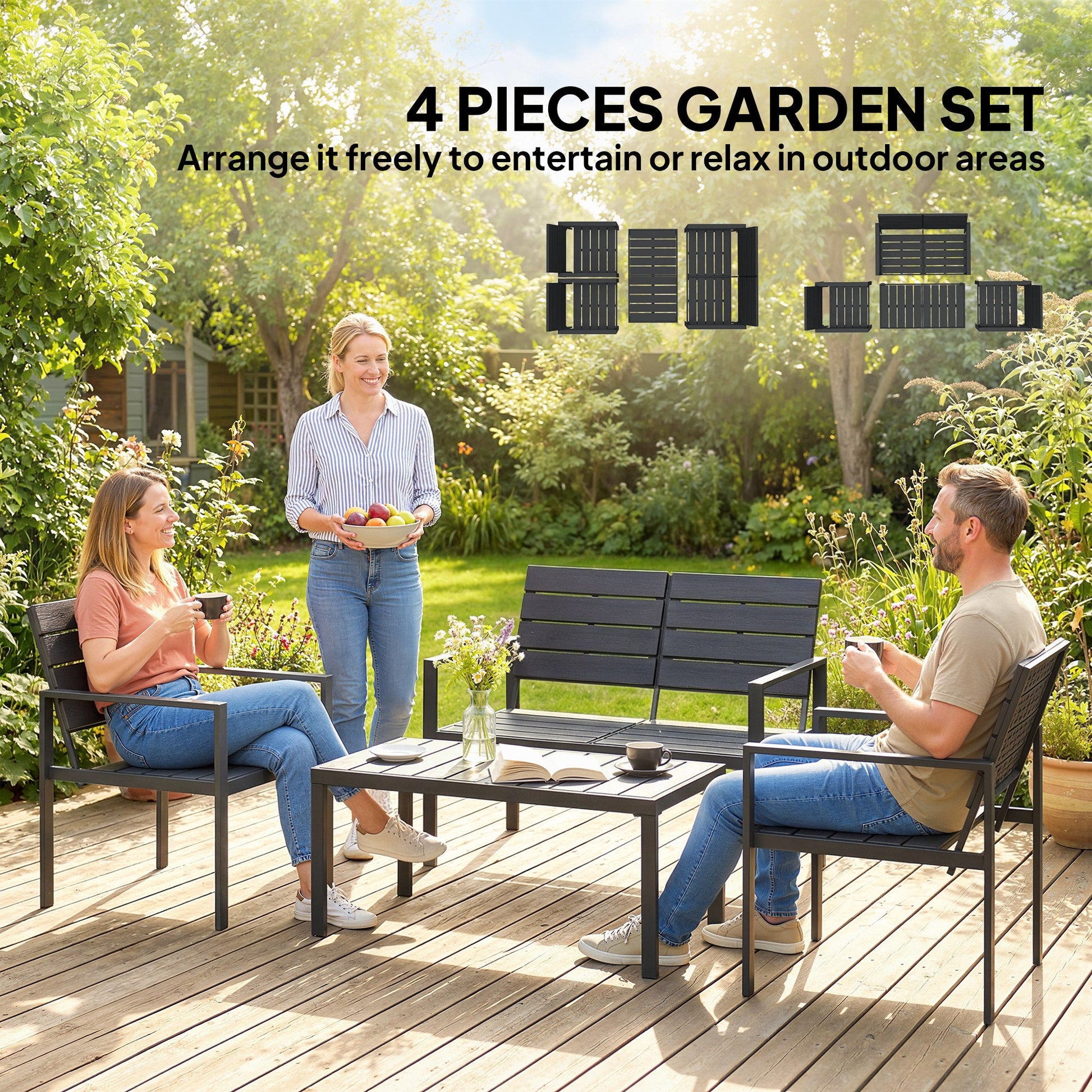 4 Piece Garden Furniture Set, Outdoor Sofa Set with HDPE Slatted Loveseat Armchairs Coffee Table Metal Frame, Black