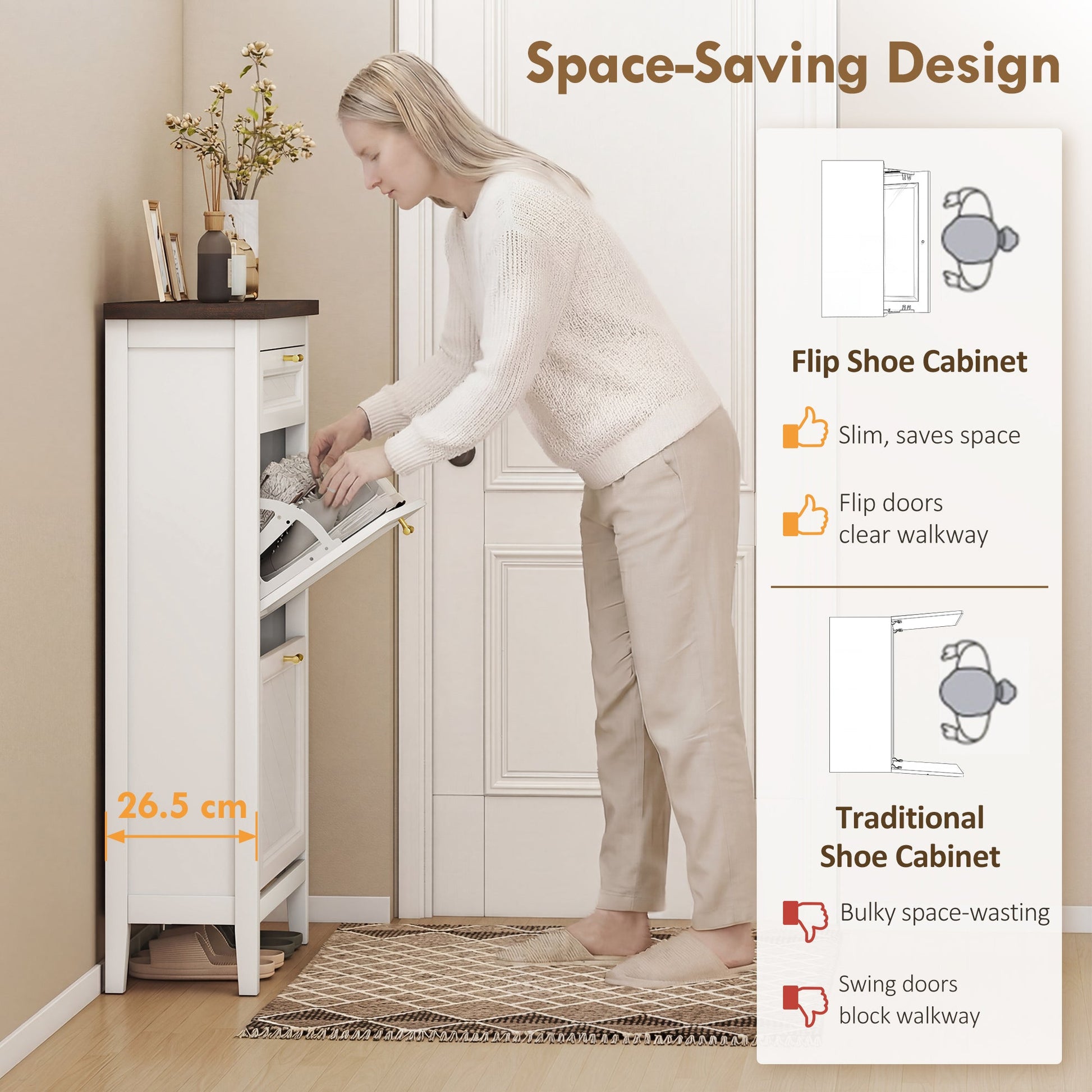 Shoe Cabinet with 2 Flip Drawers, Farmhouse Narrow Shoe Storage Cabinet with Adjustable Shelves, White
