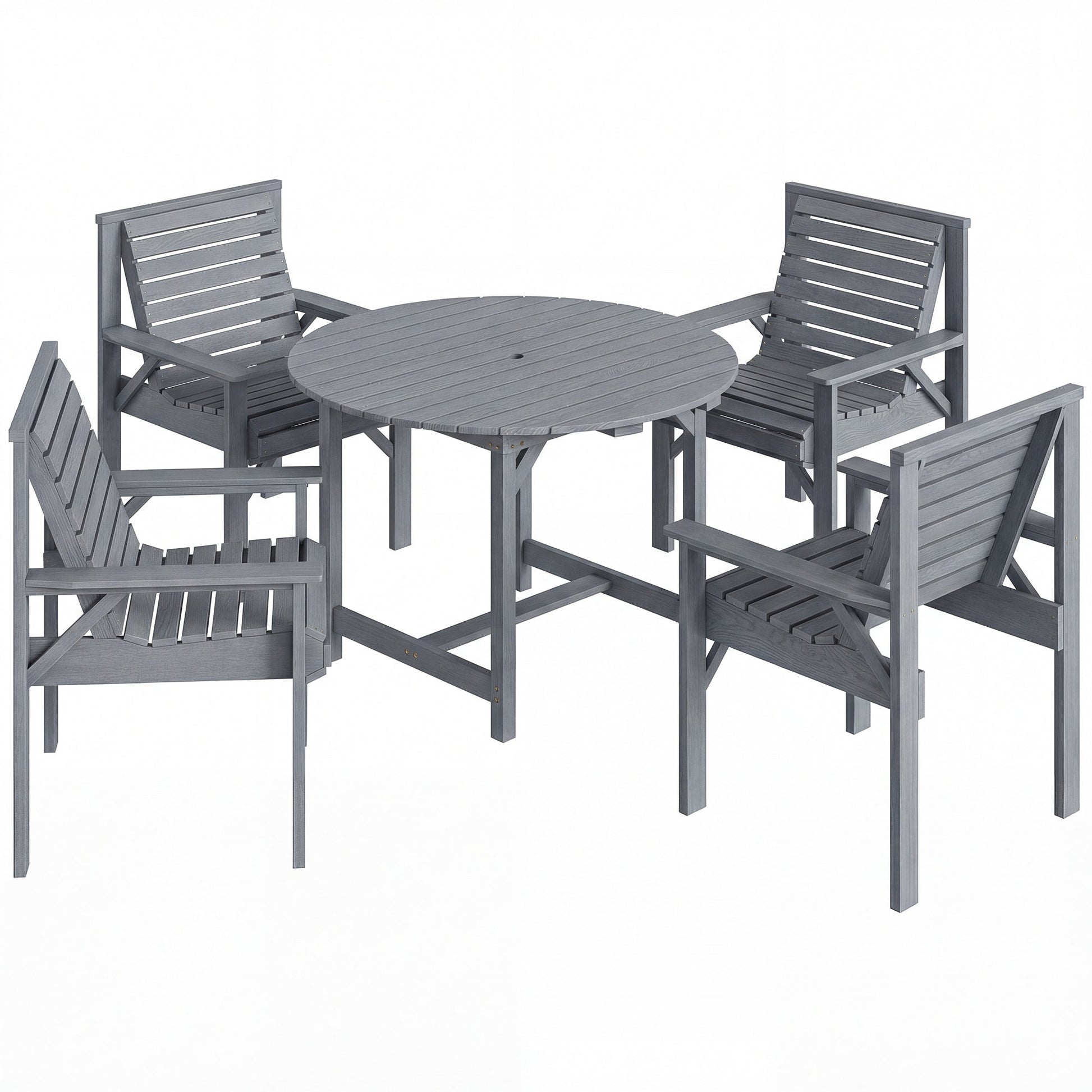 5 Pieces Garden Dining Set with Parasol Hole, Round Outdoor Table and Chairs, 4 Seater Wooden Garden Furniture, Grey