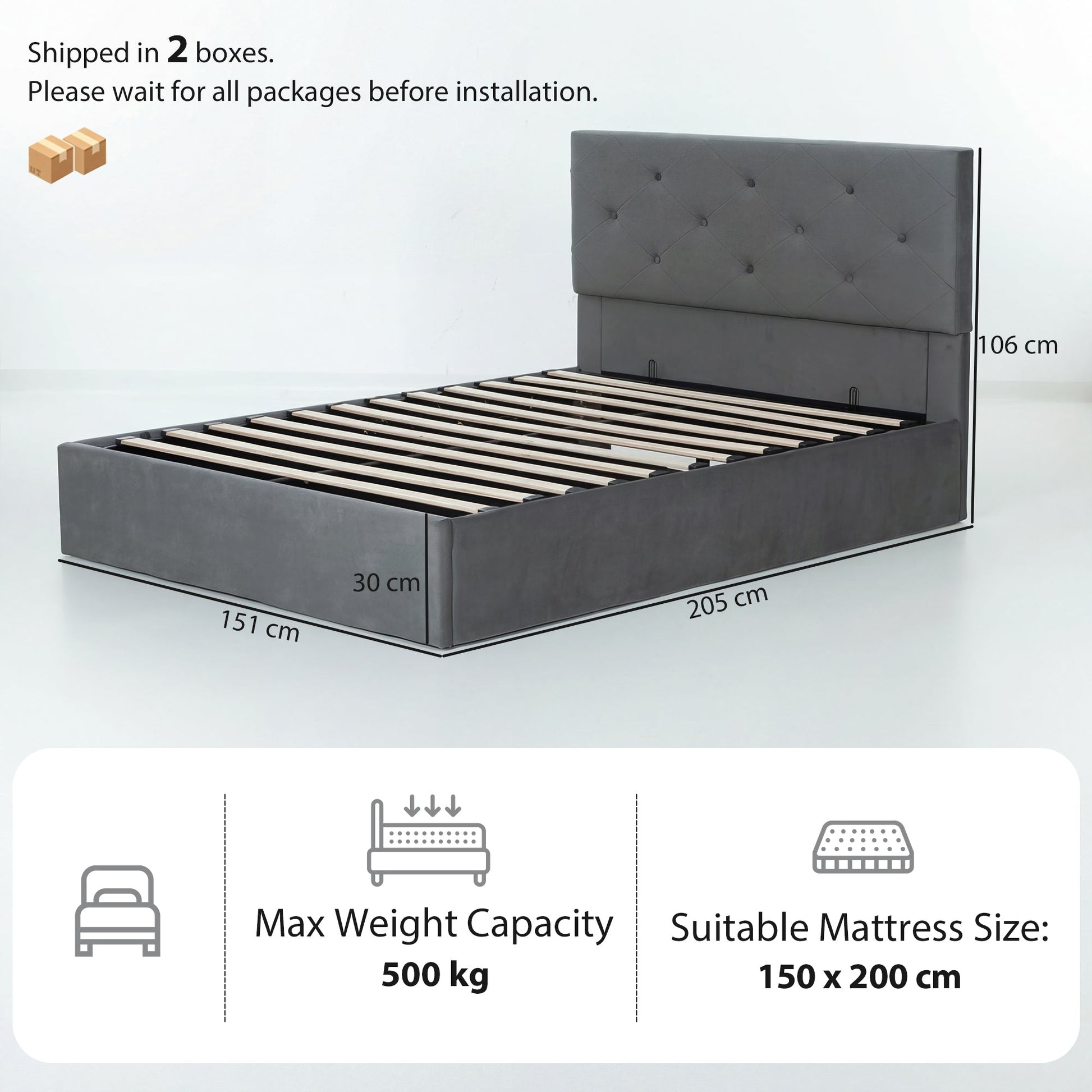 King Size Bed Frame Gas Side Lift Under Bed Storage Upholstered Platform Bed Tufted Headboard for 150 x 200 cm Mattress