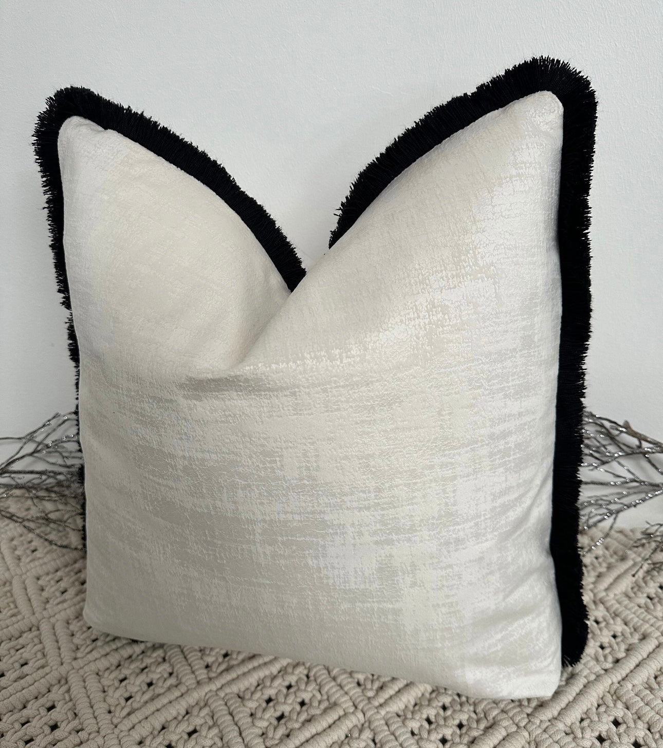The Couture Cushion - The Fringed Ivory Dolce fringed in Black - Style No. 133