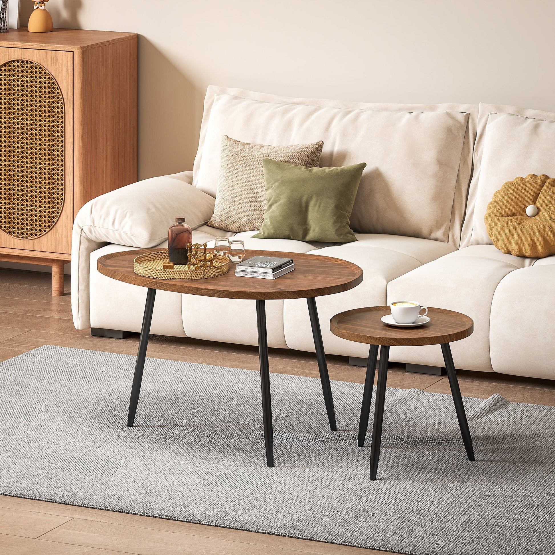 Nesting Coffee Table Set of 2, 80cm Modern Stacking End Side Table with Metal Legs for Living Room Bedroom Office, Chestnut Wood Effect