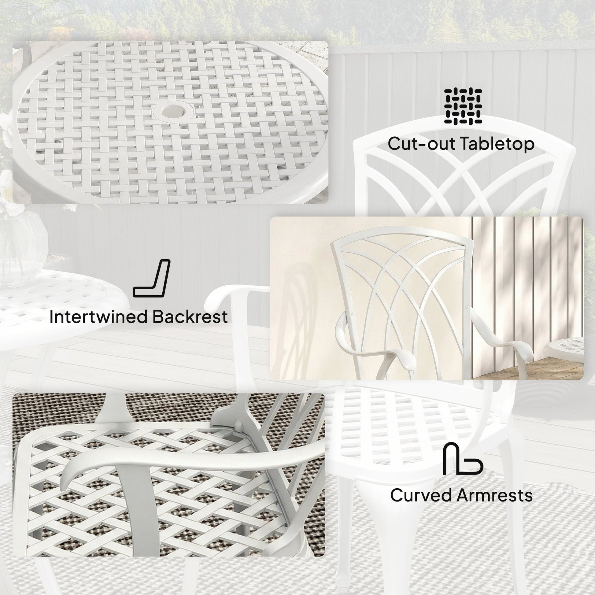 3 Pieces Garden Bistro Set, Cast Aluminium Outdoor Dining Set with 2 Chairs and Round Table with Parasol Hole, White