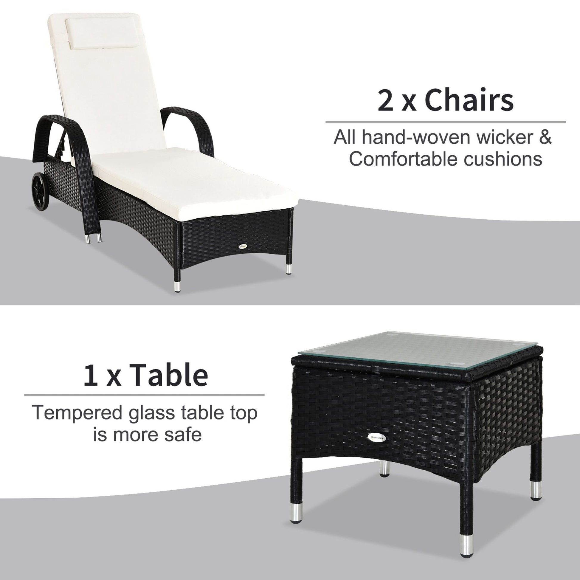 2 Seater Rattan Sun Lounger Set with Side Table Black