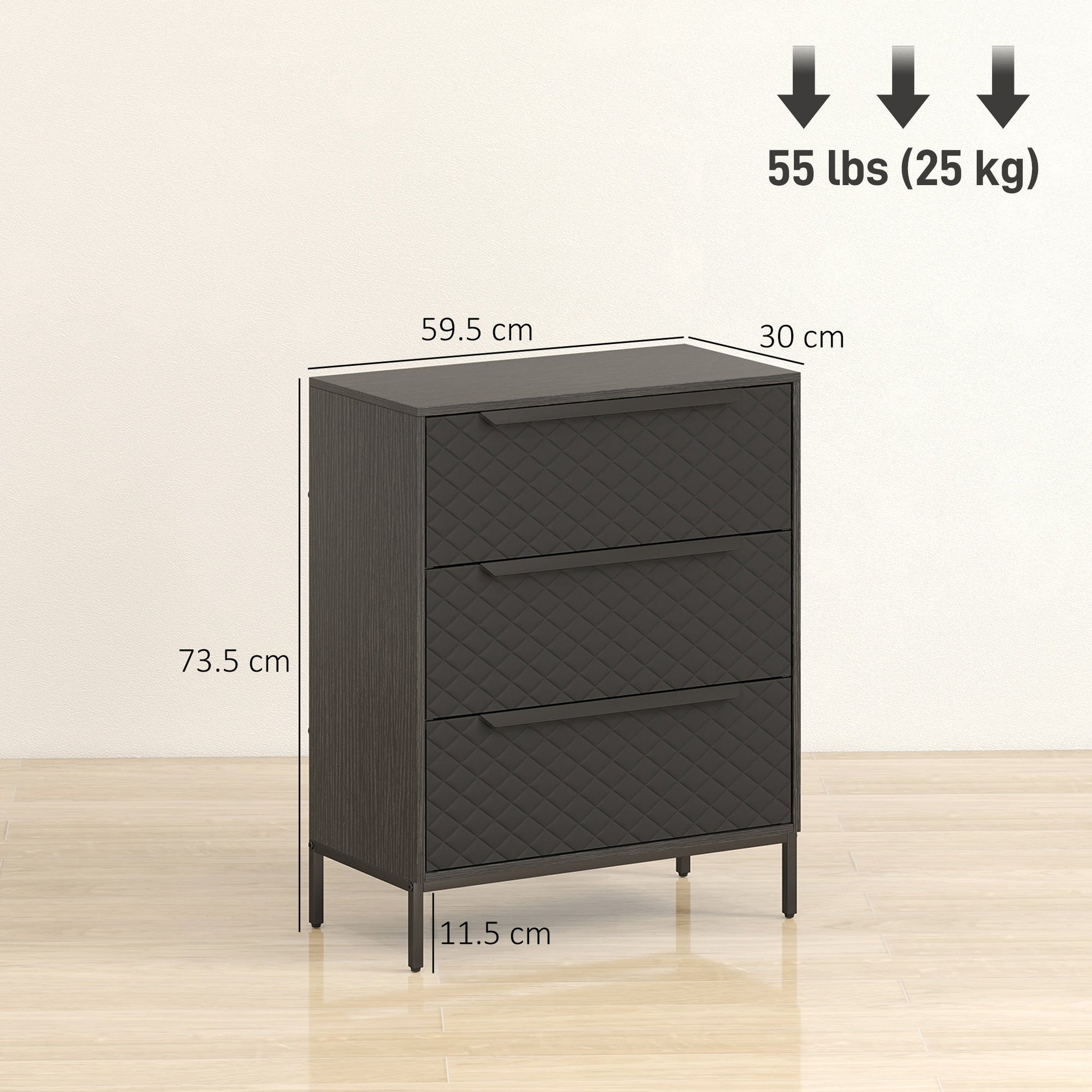 Chest of Drawers, Dresser with 3 Fabric Drawers and Aluminium Handles - Black