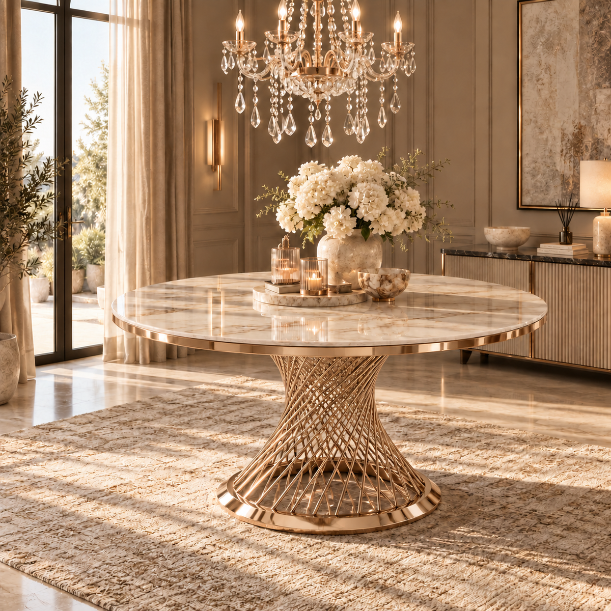Palma Natural Stone Round Dining Table Rose Gold Base 130cm