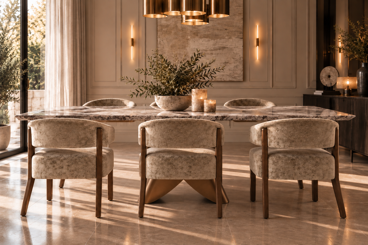 Fabio Dining Table Set - Icludes 6 Tan upholstered tub chairs