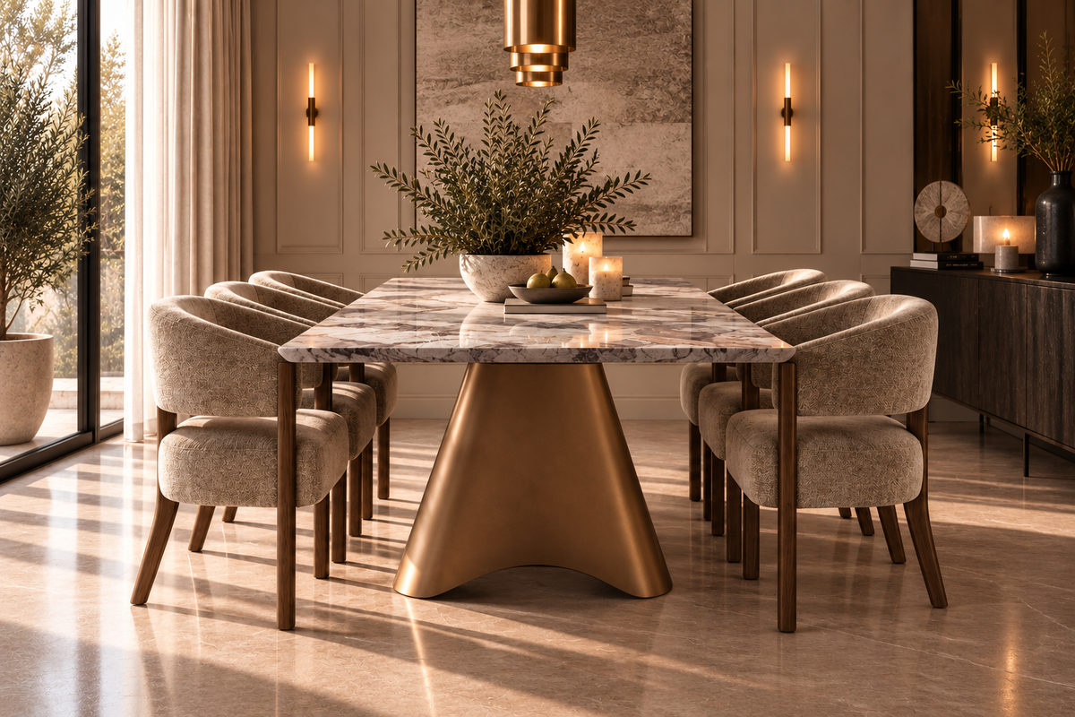 Fabio Dining Table Set - Icludes 6 Tan upholstered tub chairs