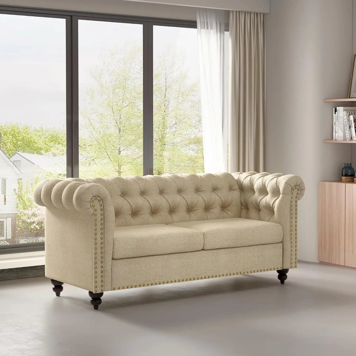 Large 2 Seater Chesterfield Style Button Back Sofa Linen Fabric Loveseat Couch