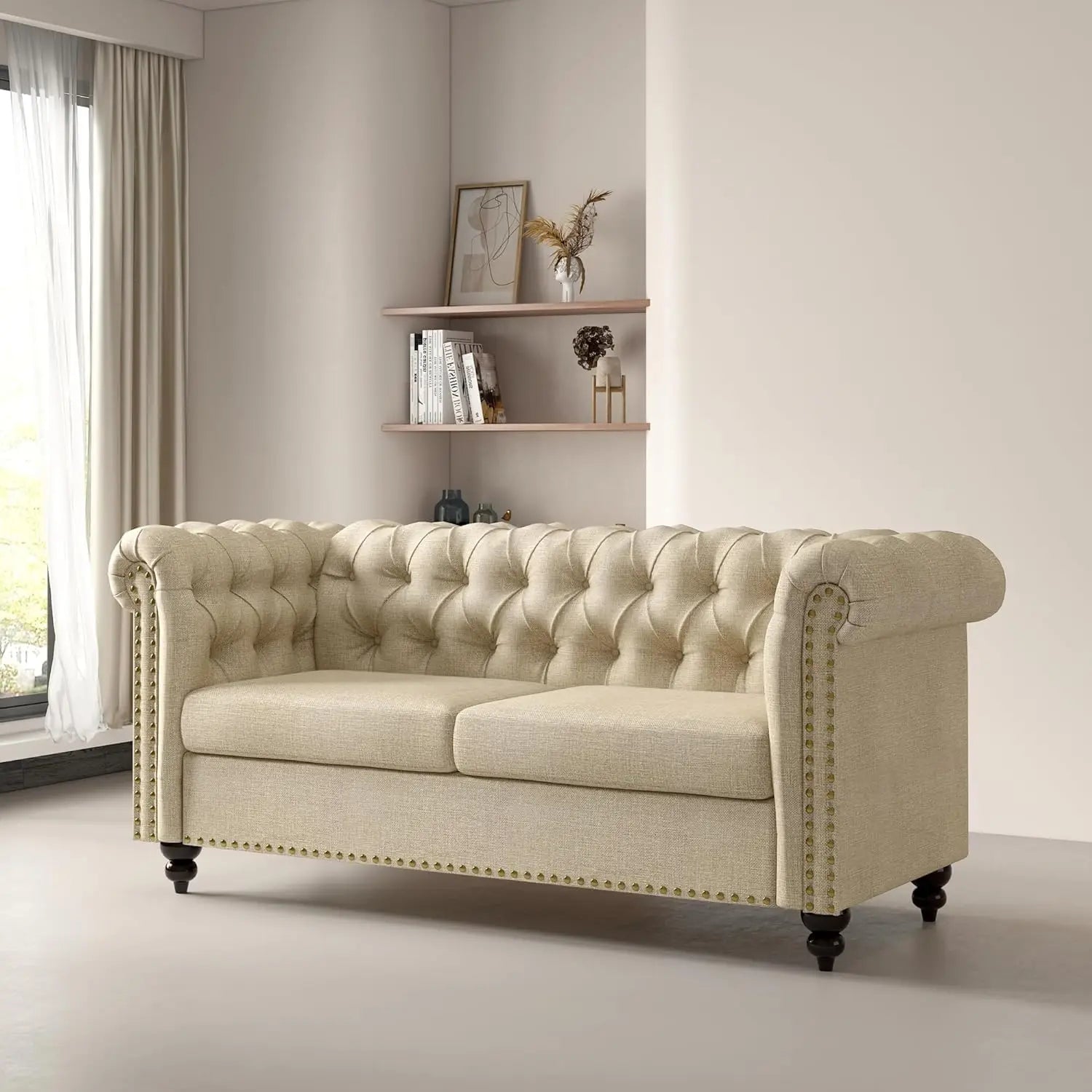 Large 2 Seater Chesterfield Style Button Back Sofa Linen Fabric Loveseat Couch