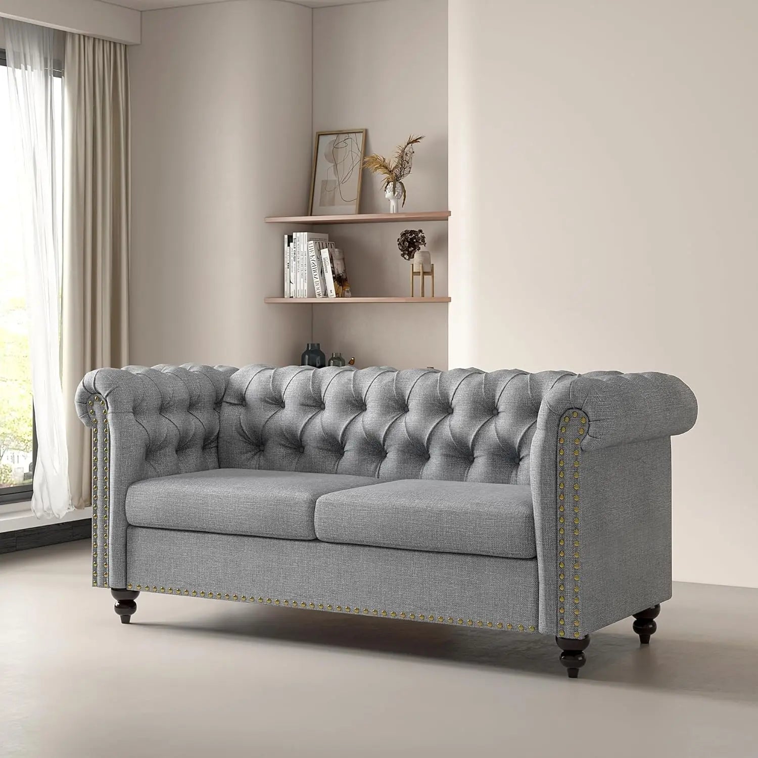 Large 2 Seater Chesterfield Style Button Back Sofa Linen Fabric Loveseat Couch
