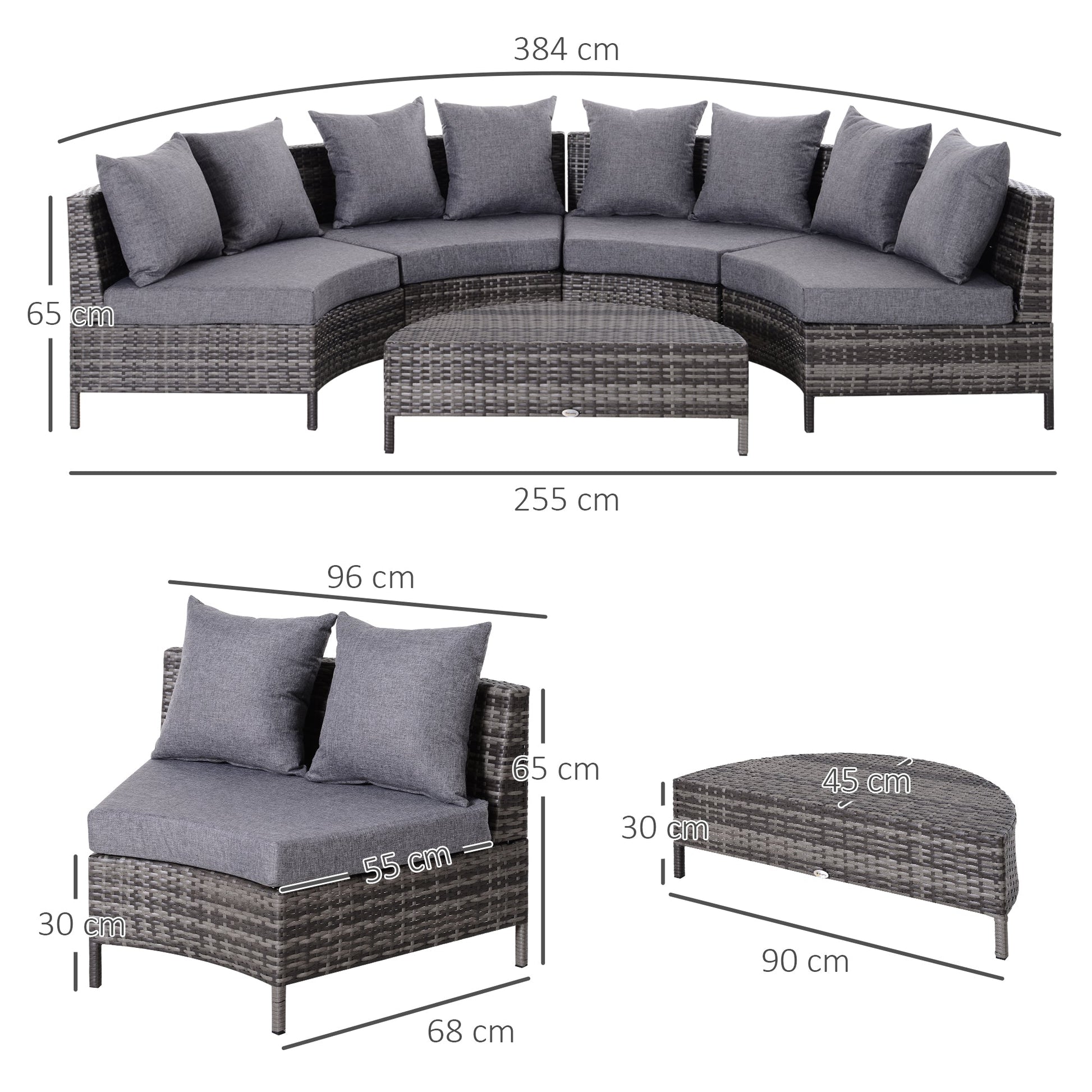 5 Pieces Rattan Garden Furniture Set, 4 Seater Half-Round Garden Sofa Set with Thickened Cushions, Wicker Conservatory Furniture with 4 Chairs, Rattan Coffee Table and Pillows, Grey