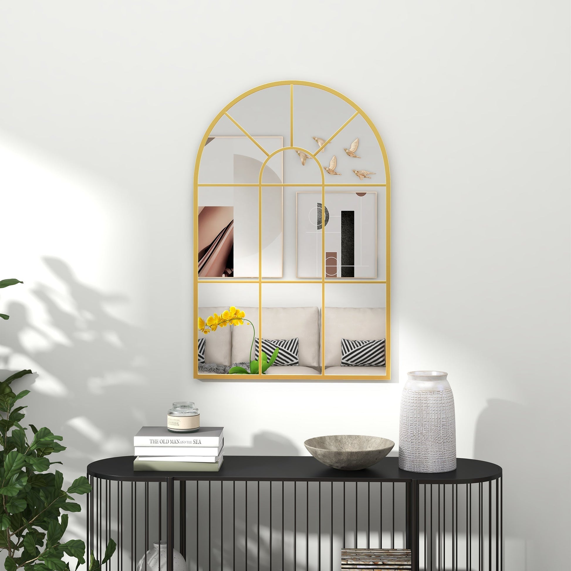 Modern Arched Wall Mirror, 91 x 60 cm Window Mirrors for Living Room, Bedroom, Gold Tone