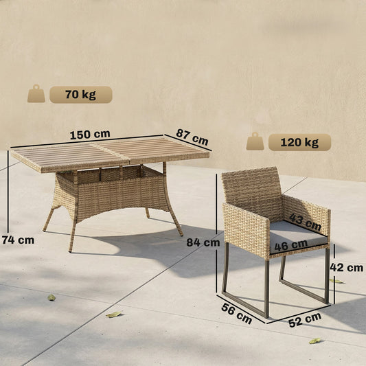 7 Piece Rattan Garden Furniture Set, Garden Dining Set with Wood-Plastic Table and 6 Stackable Chairs, Dark Grey