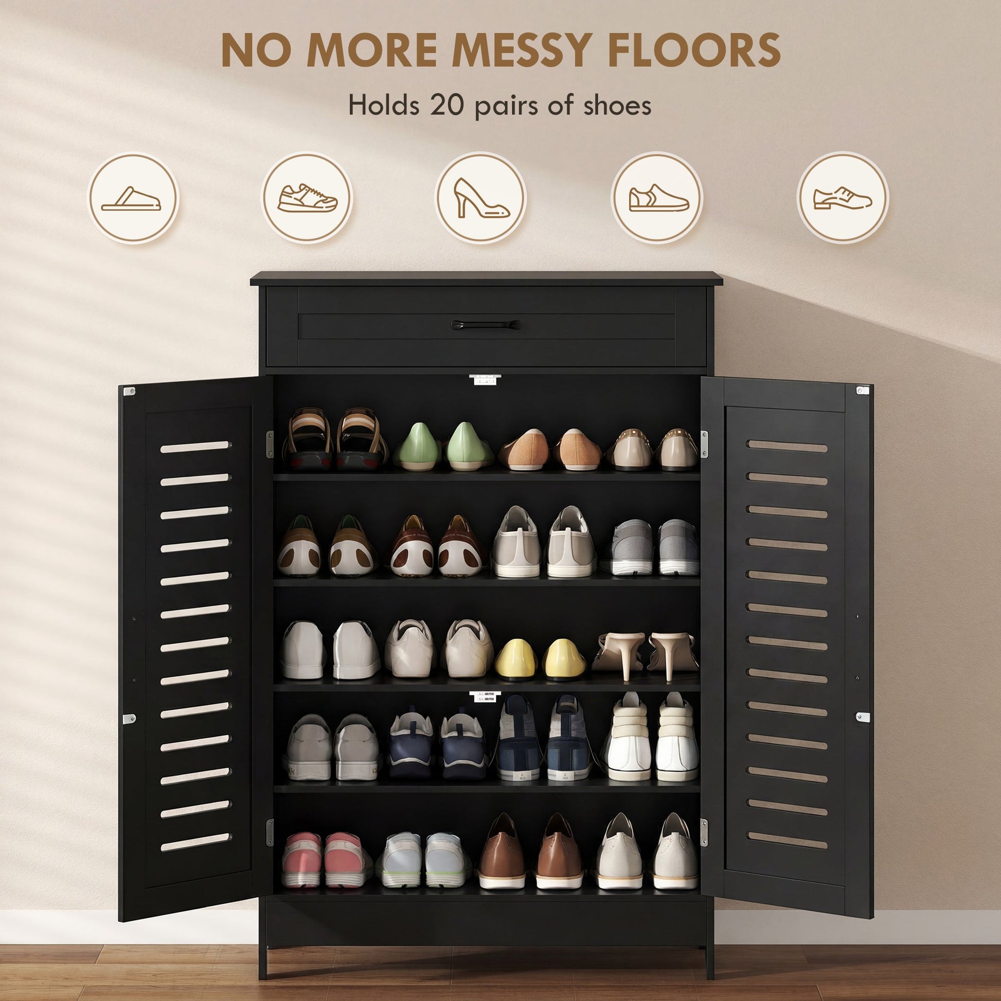 Shoe Cabinet with Louvered Doors, Modern Shoe Storage Cabinet with Drawer and Adjustable Shelves, Black
