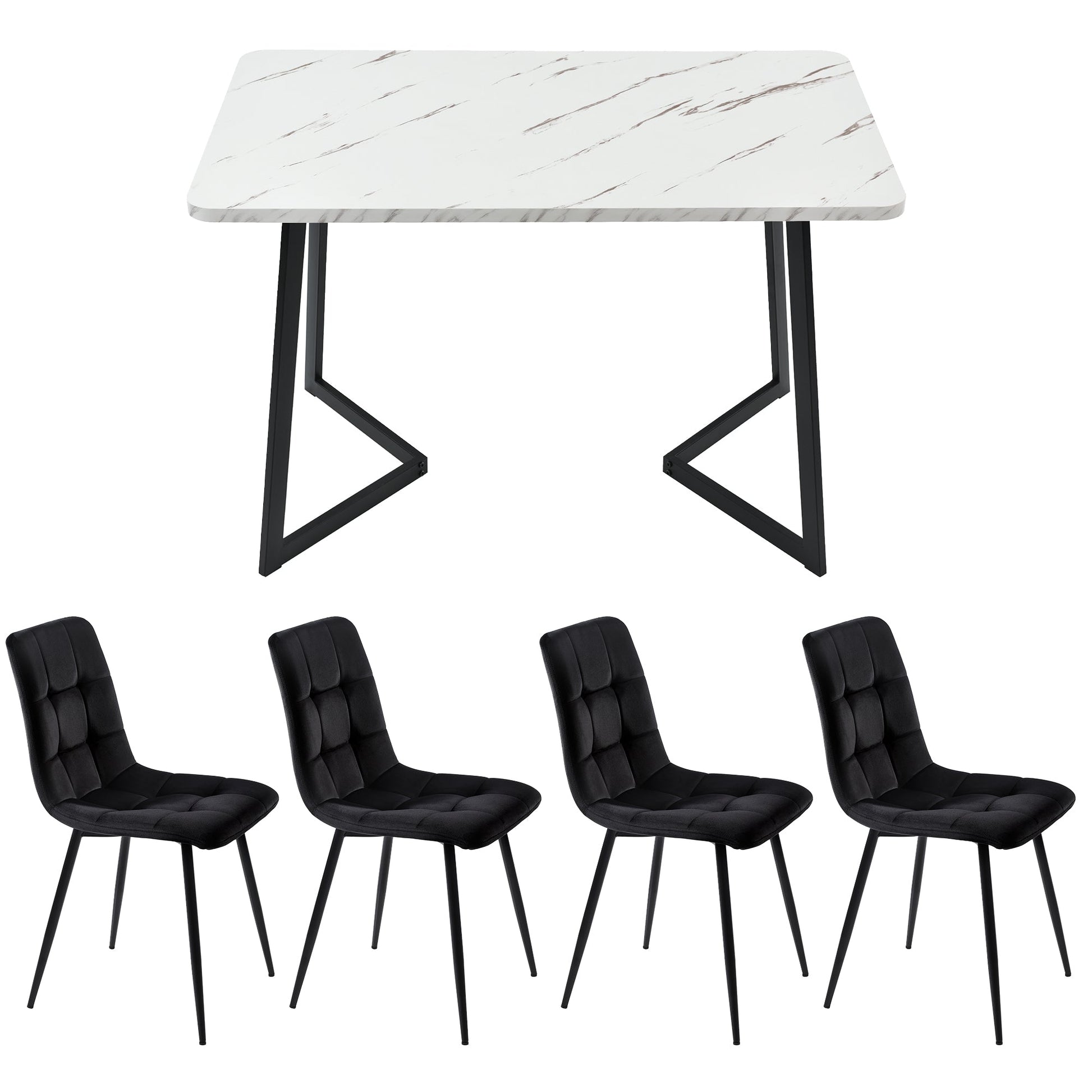 Modern Marble Effect Dining Table Set with 4 Soft Velvet Chairs Black