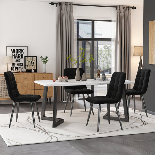 Modern Marble Effect Dining Table Set with 4 Soft Velvet Chairs Black