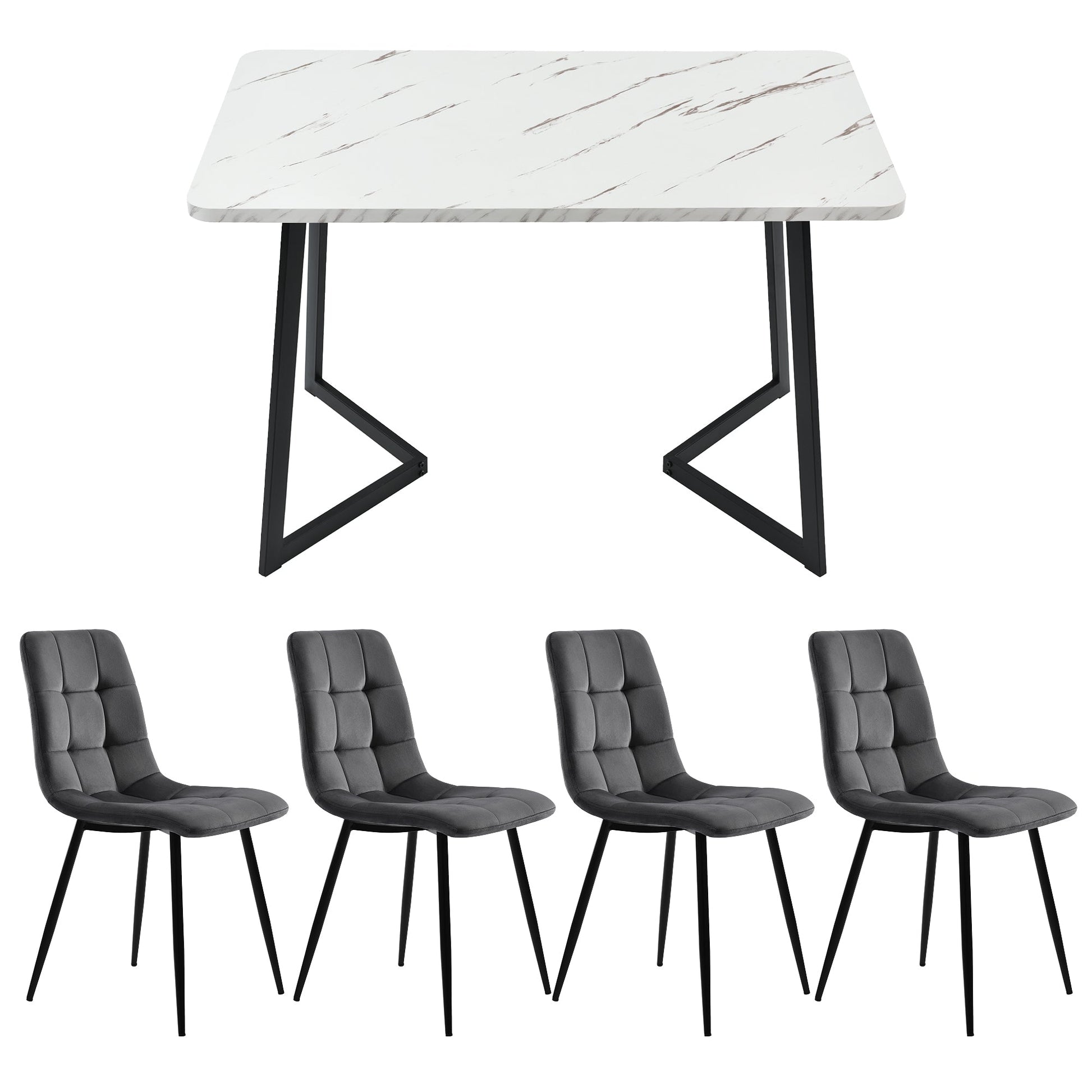 Modern Marble Effect Dining Table Set with 4 Velvet Chairs Dark Grey