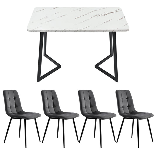 Modern Marble Effect Dining Table Set with 4 Velvet Chairs Dark Grey