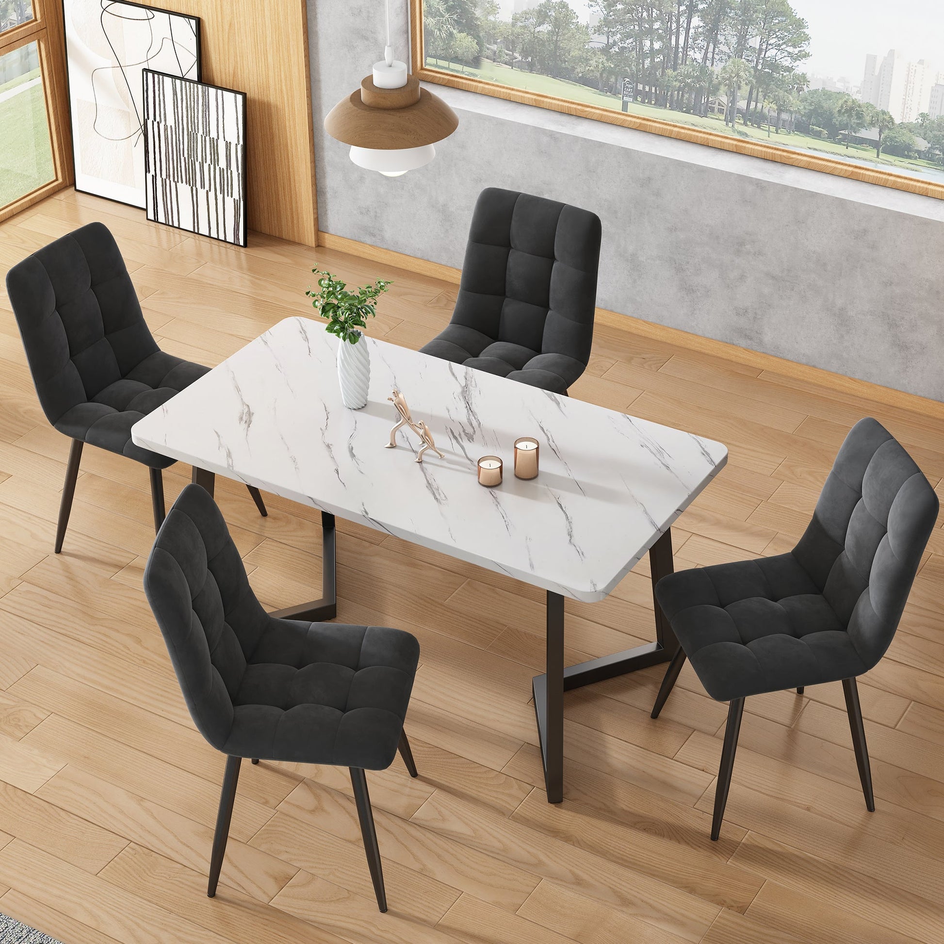 Modern Marble Effect Dining Table Set with 4 Velvet Chairs Dark Grey