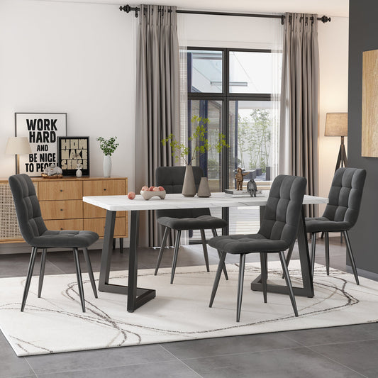 Modern Marble Effect Dining Table Set with 4 Velvet Chairs Dark Grey