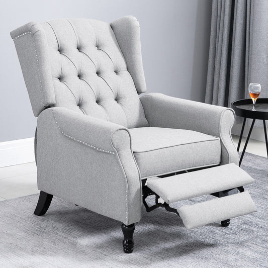Recliner Armchair, Vintage Reclining Chair with Nail Head Trim, Wingback Chair with Button Tufted Back and Footrest, for Living Room, Light Grey