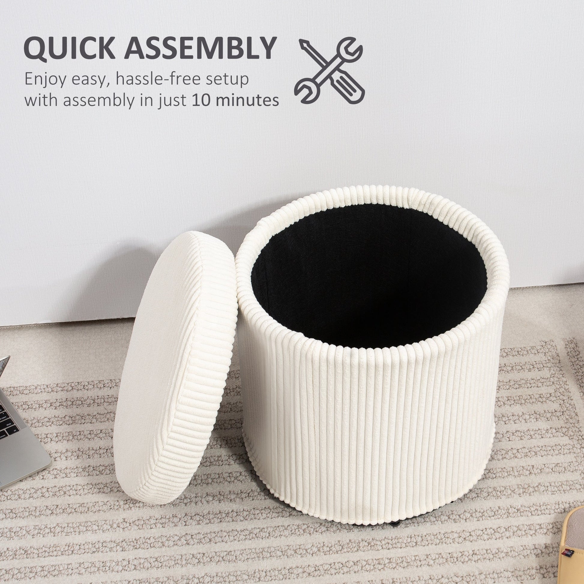 40cm Round Storage Ottoman, Corduroy Footstool with Removable Lid and Legs, Vanity Stool for Living Room, Bedroom, Beige