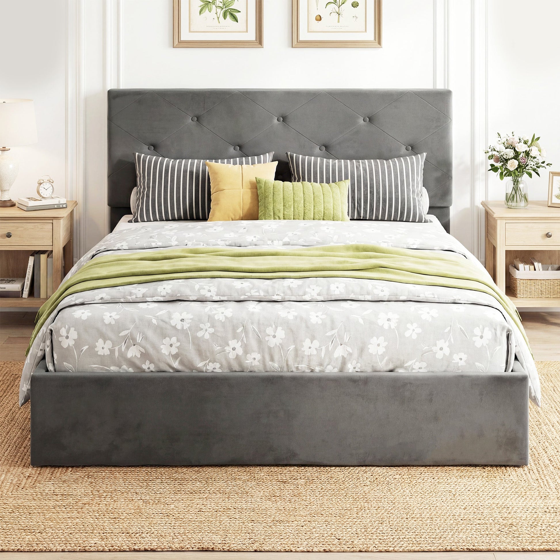 Double Bed Frame Gas Side Lift Under Bed Storage Upholstered Platform Bed Tufted Headboard for 140 x 190 cm Mattress