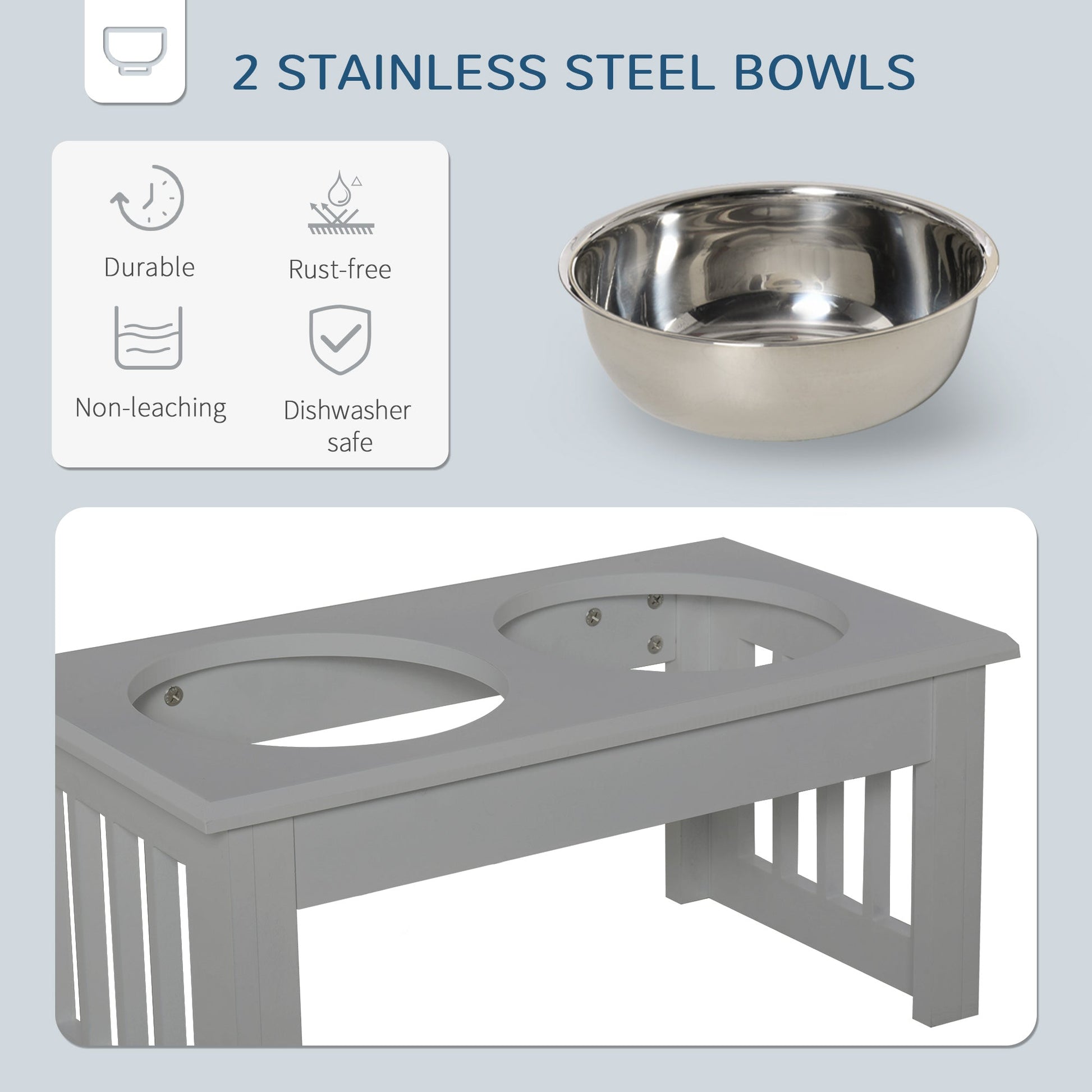 Raised Dog Feeding Bowls with Stand, Stainless Steel for  Extra Small and Small Dog, 44L x 24W x 15H cm - Grey