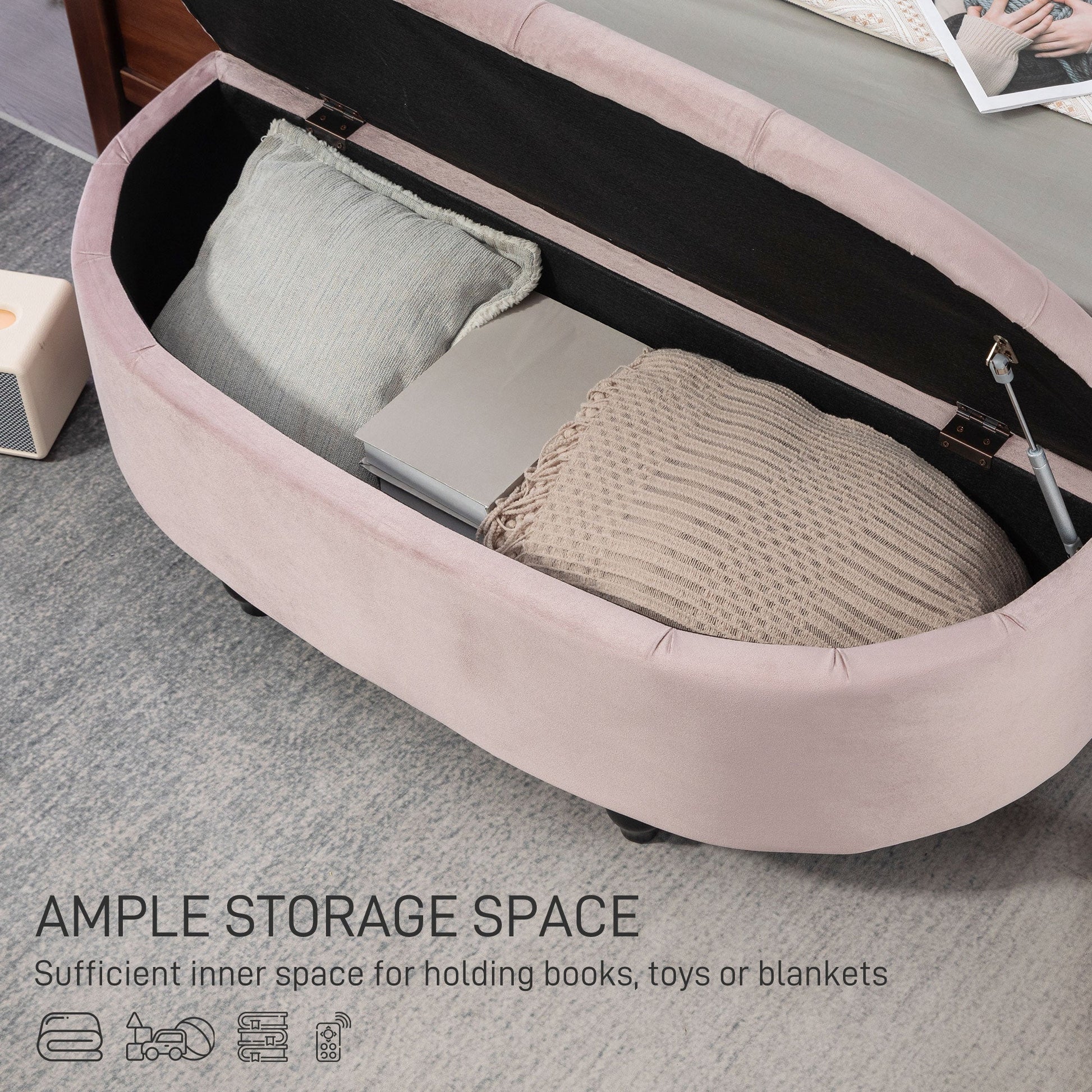 Semi-Circle Ottoman Storage Bench, Bed End Bench, Tufted Upholstered Window Seat Footrest Stool with Rubberwood Legs for Bedroom & Entryway, 120 x 46 x 42 cm, Pink