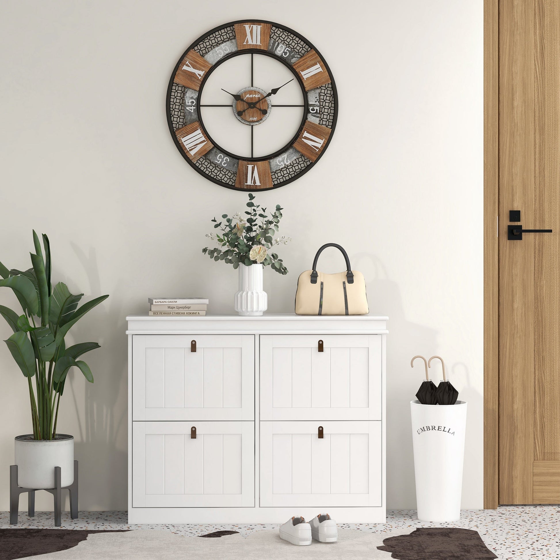 Slim Shoe Cabinet, Shoe Cabinet with 4 Drop-Down Drawers, 105W x 24D x 82.5H cm,  White