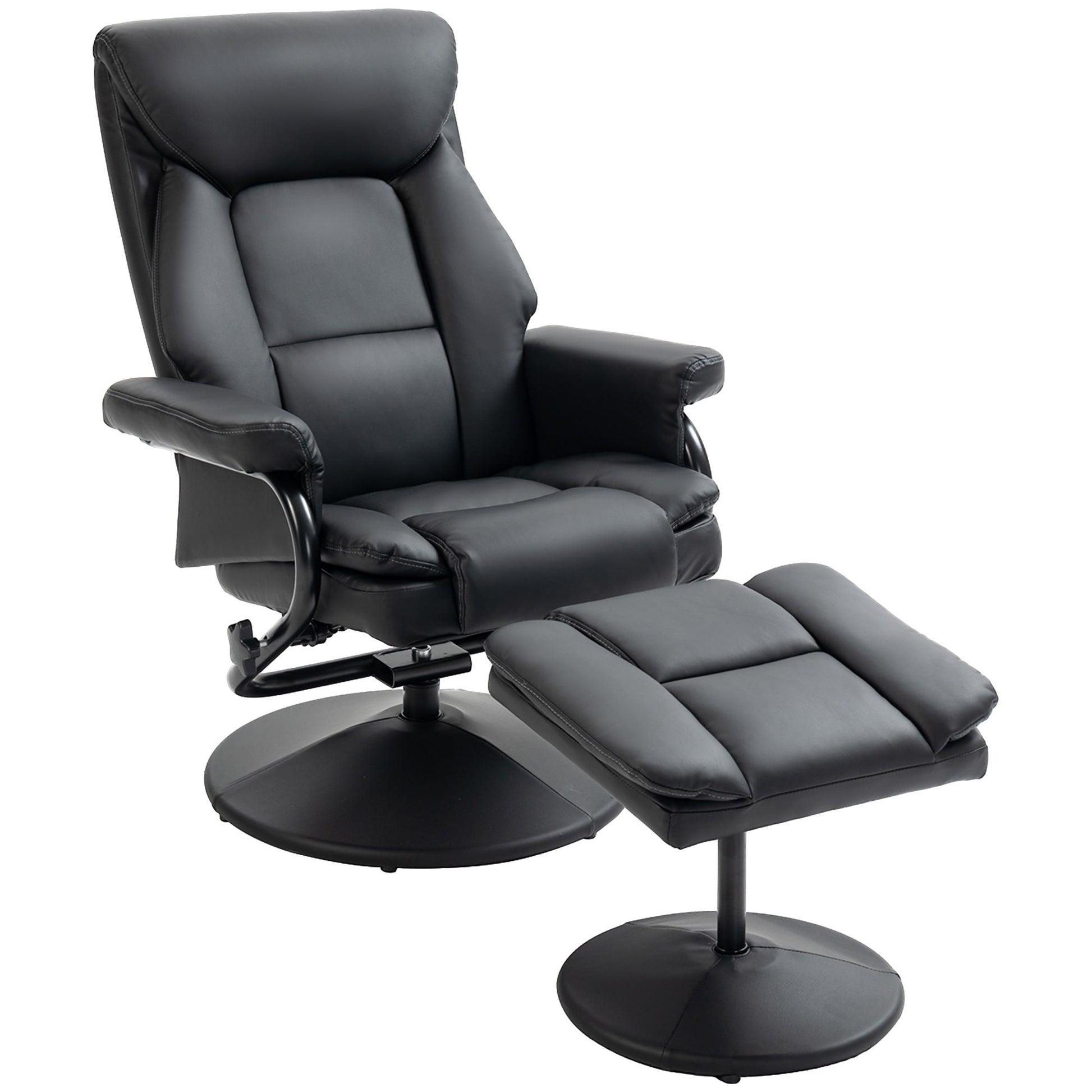 Swivel Recliner Chair with Footstool, PU Leather Recliner Armchair with Ottoman, Steel Base, Upholstered Reclining Chair for Living Room, Bedroom, Office, Black