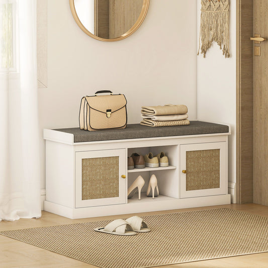 Boho Shoe Storage Bench with Padded Cushion and Rattan Doors - White