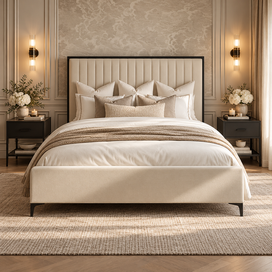 Aurelia Plush Cream Velvet Black Boardered Bed