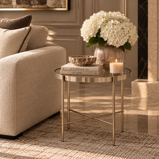 Allure Grey Mirrored Glass Low Side Table with Brushed Nickel Finish Legs
