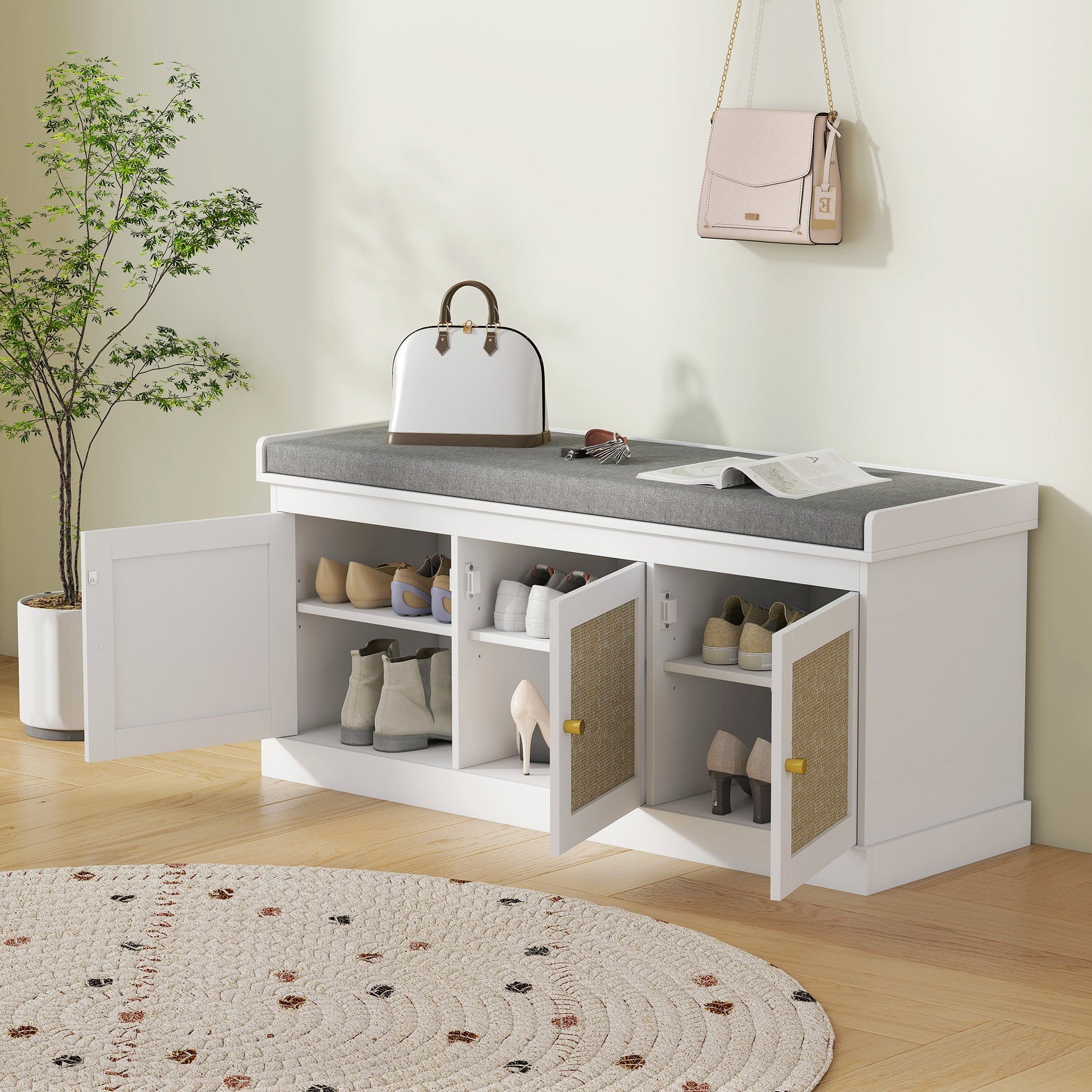 Shoe Storage Bench with Woven Rattan Doors, Seat - White